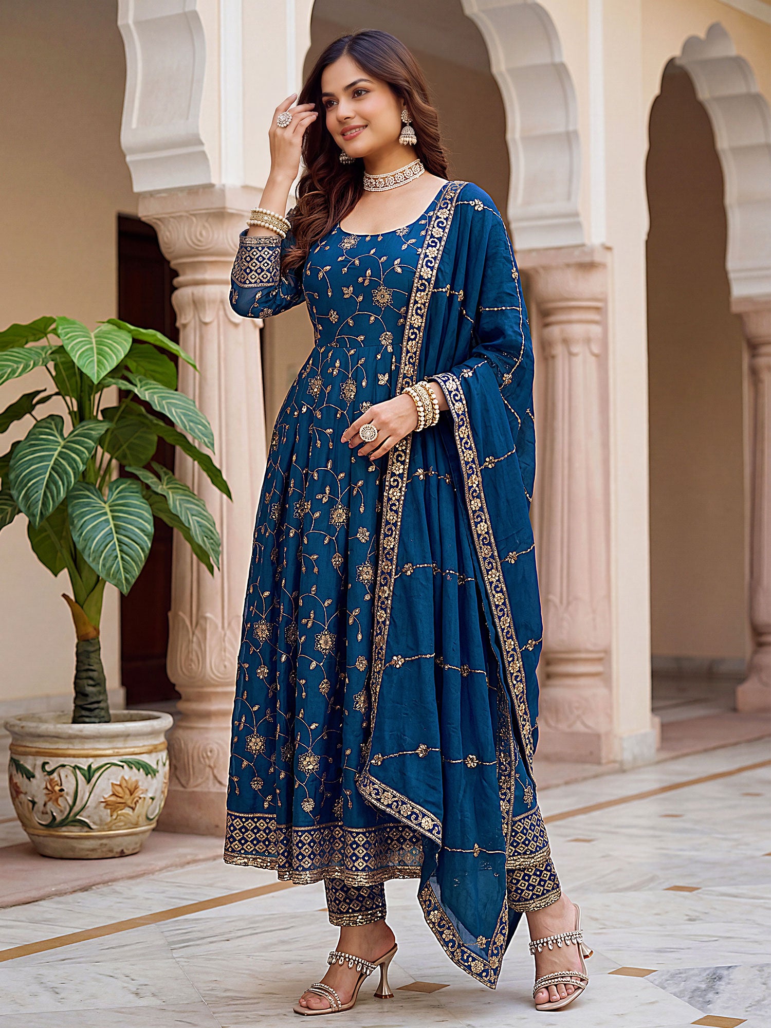 Blue Readymade Salwar Suit With Anarkali Kameez