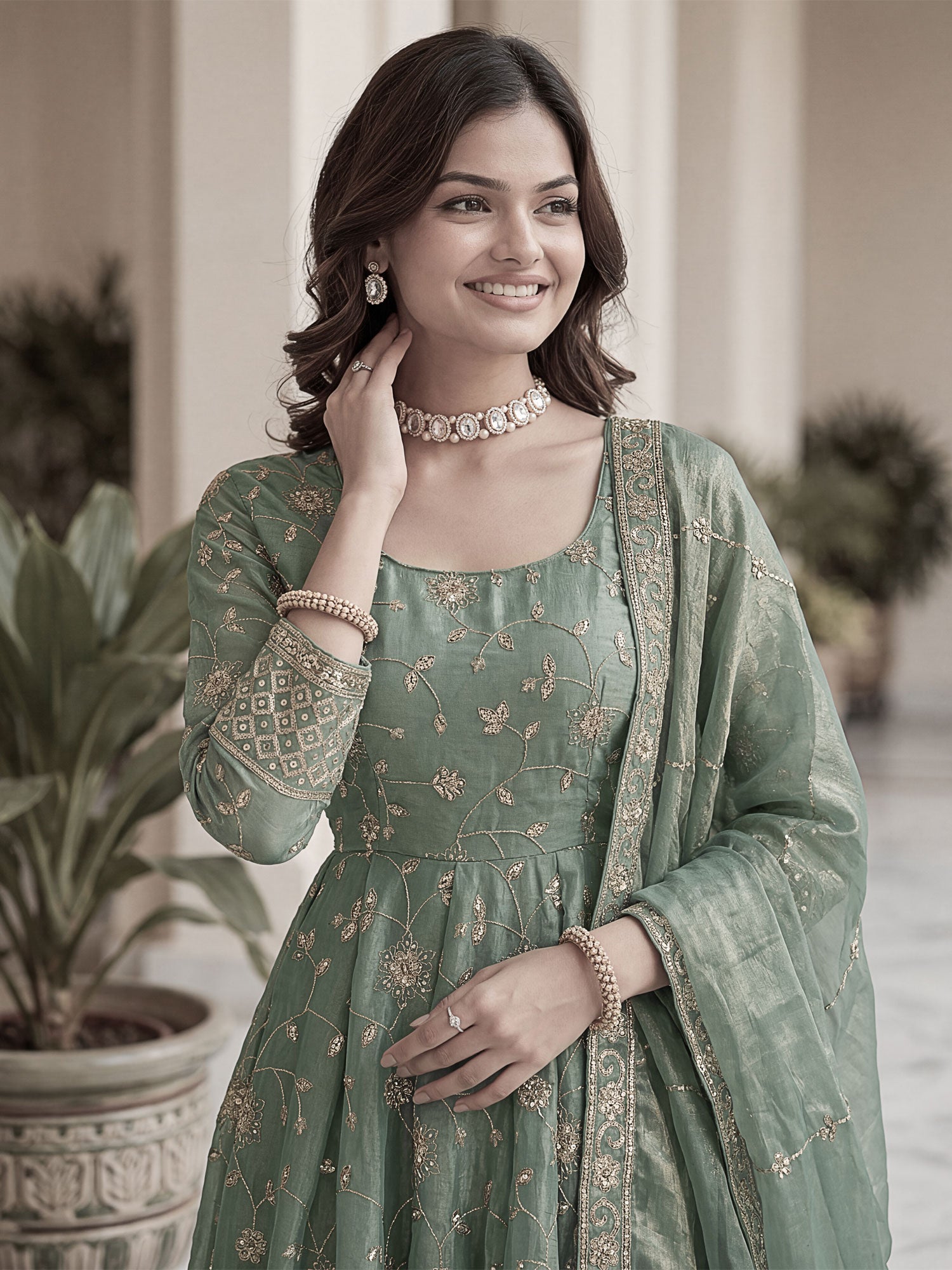 Green Sequins Work Anarkali Style Salwar Suit