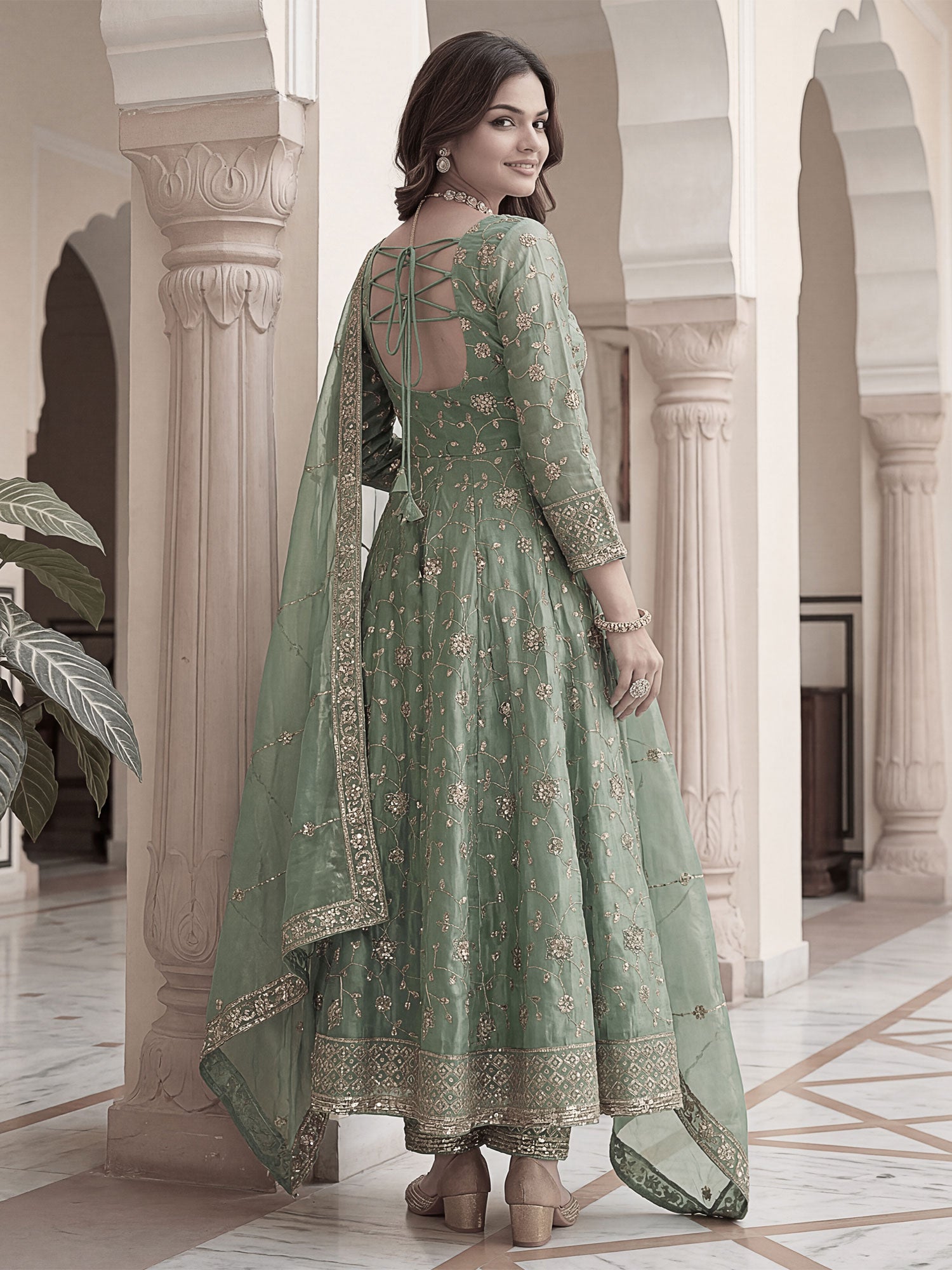 Green Sequins Work Anarkali Style Salwar Suit