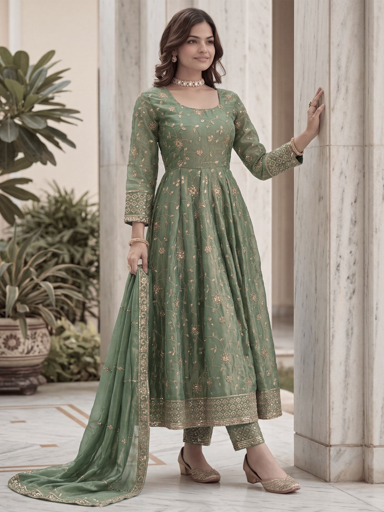 Green Sequins Work Anarkali Style Salwar Suit
