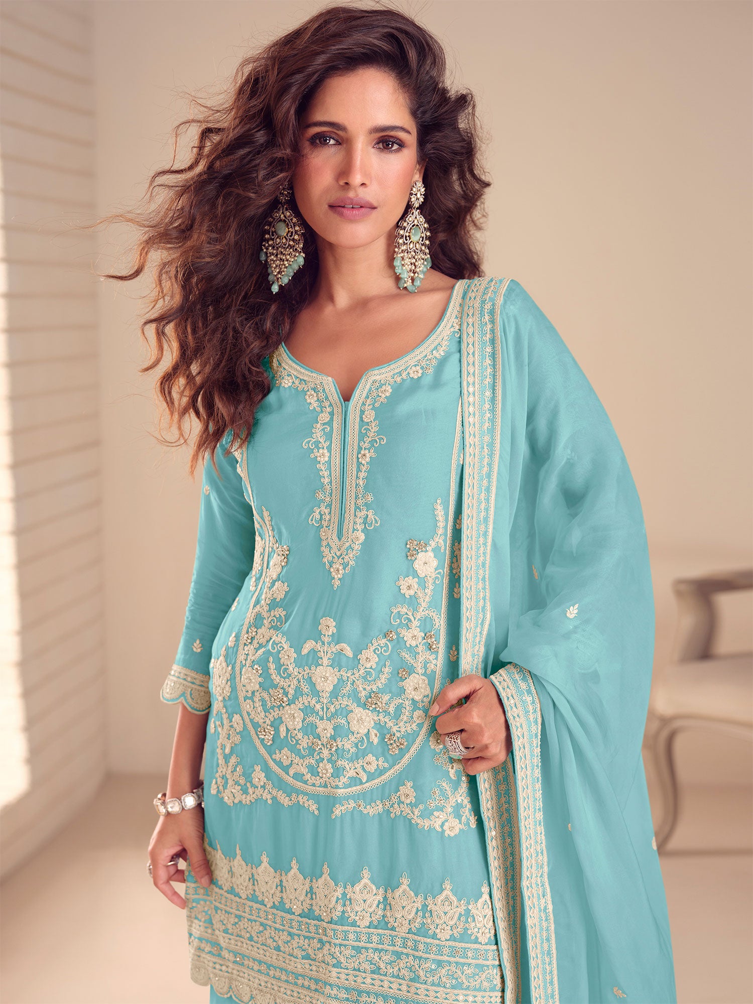 Sky Blue Floral Embroidered Palazzo Suit