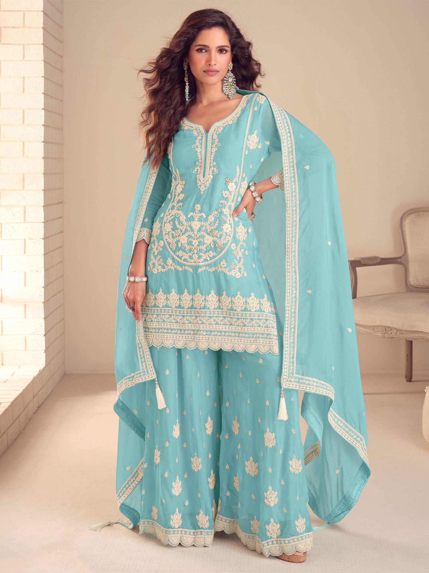Sky Blue Floral Embroidered Palazzo Suit