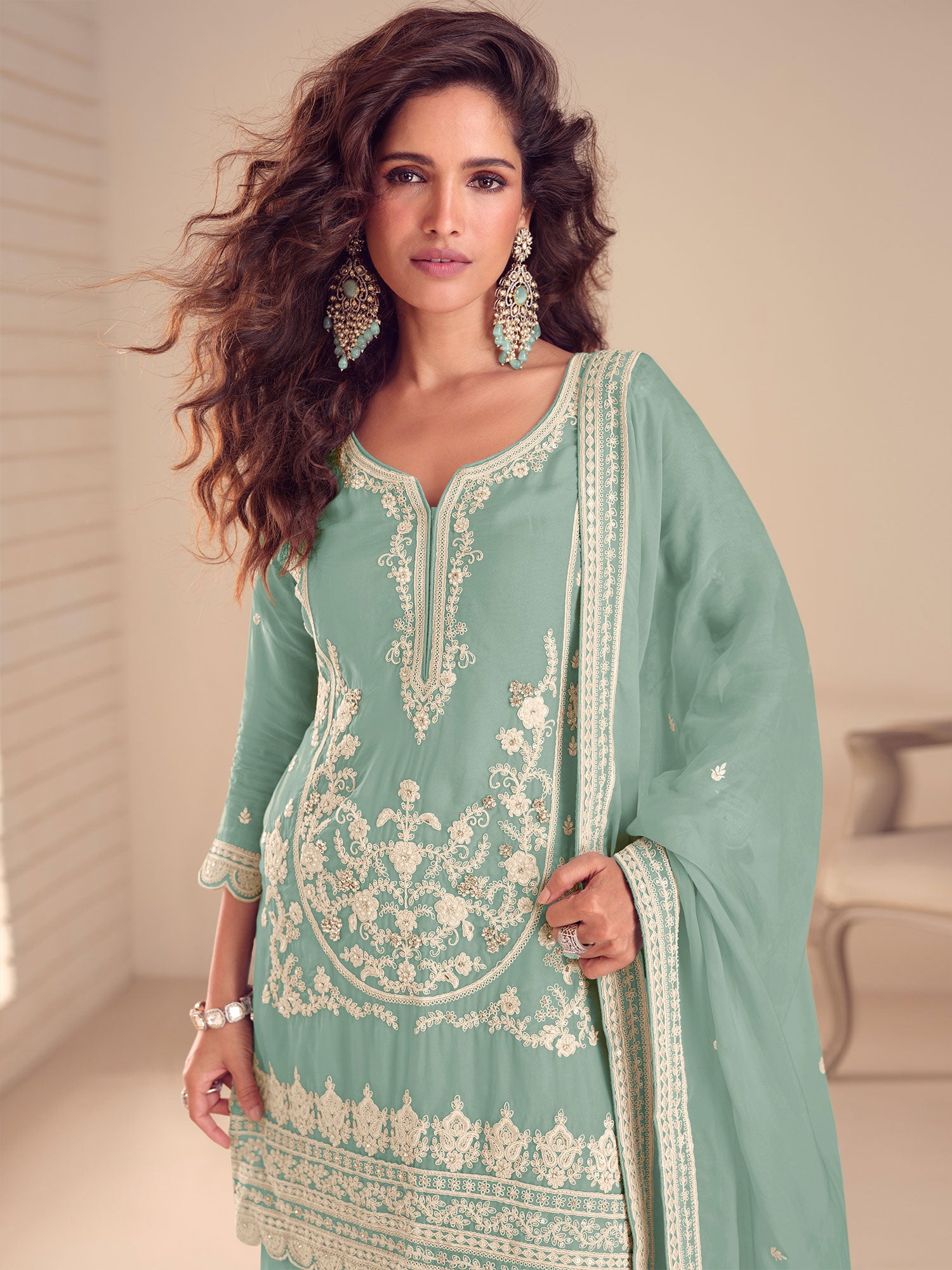 Aqua Blue Chinon Silk Festive Salwar Kameez