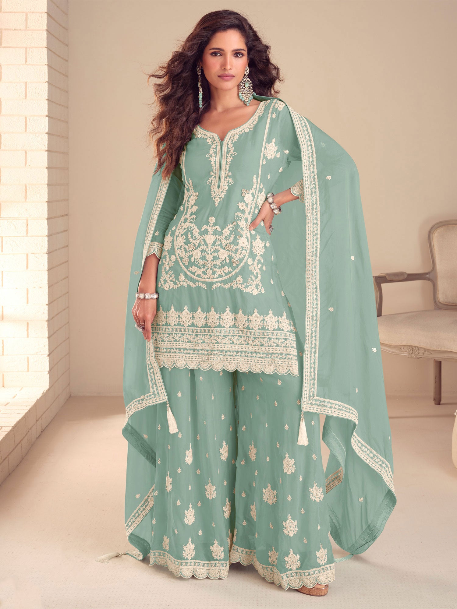 Aqua Blue Chinon Silk Festive Salwar Kameez