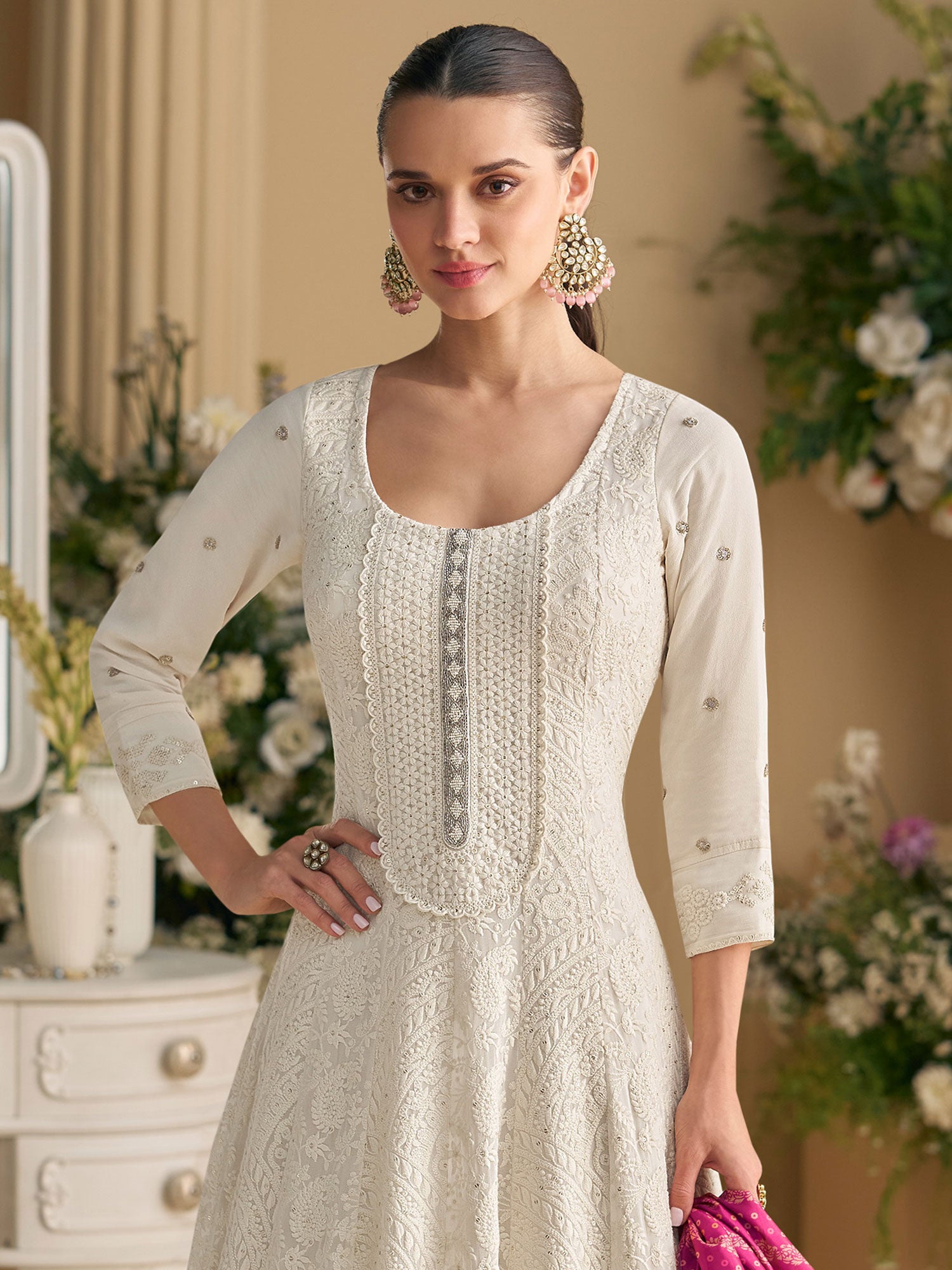 White Heavy Embroidered Georgette Anarkali Suit