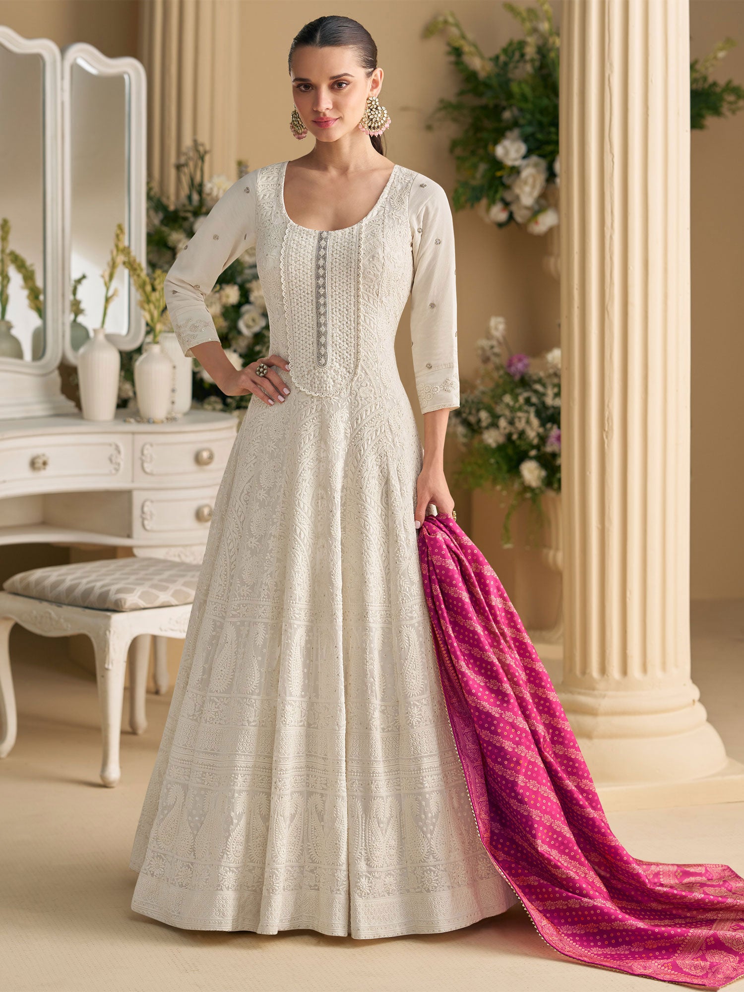 White Heavy Embroidered Georgette Anarkali Suit