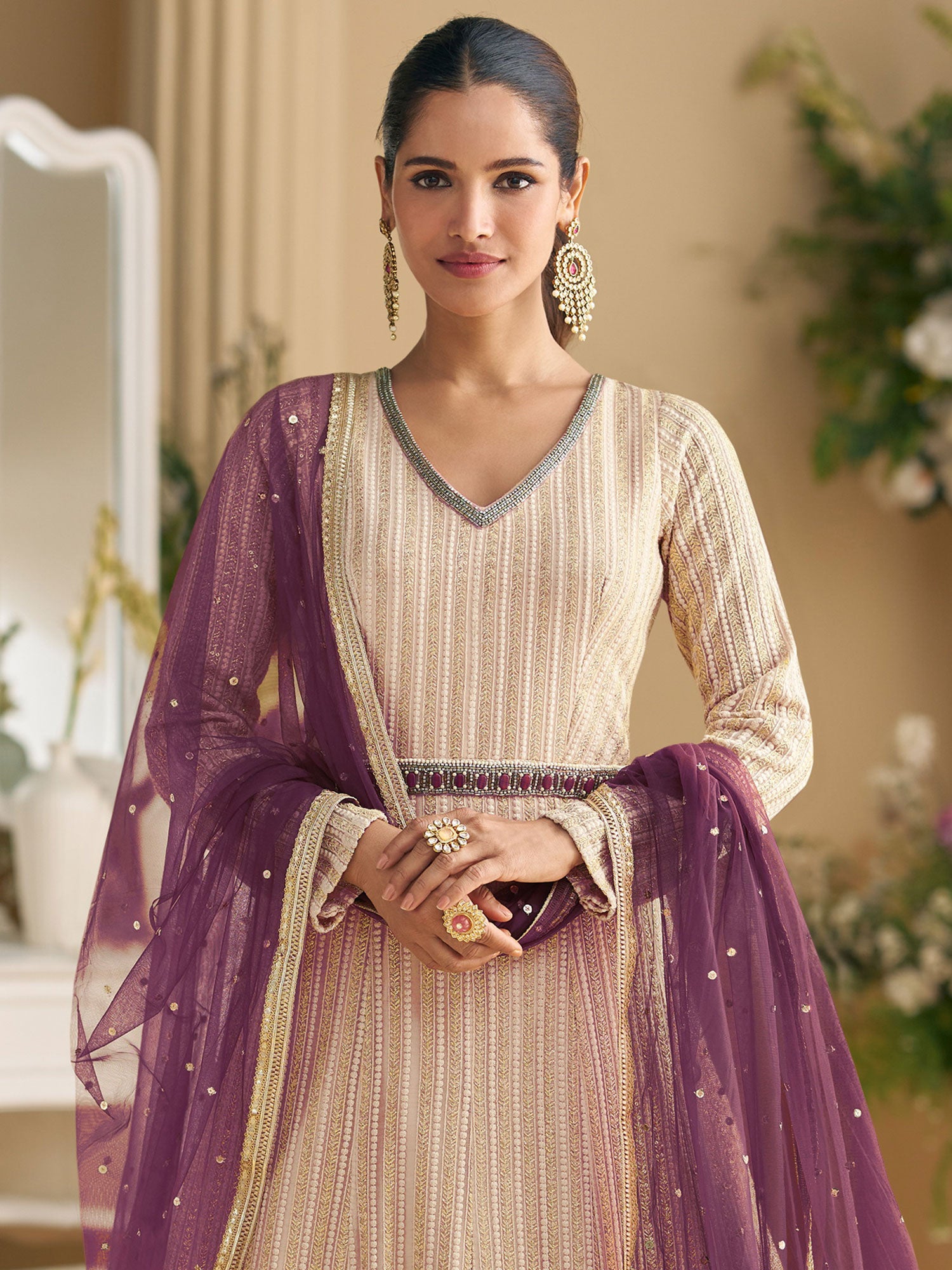 Cream And Purple Ombre Shaded Salwar Kameez