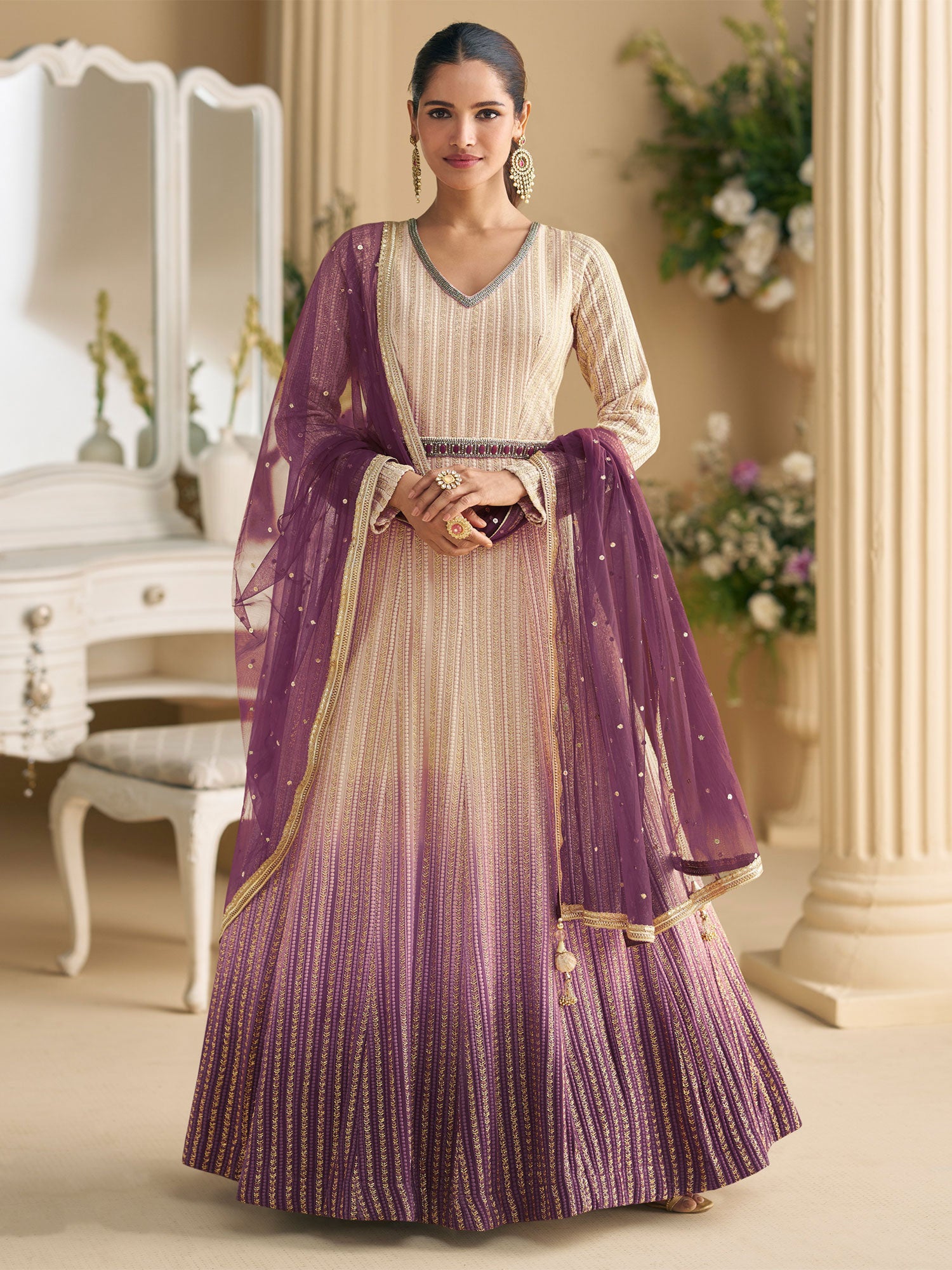Cream And Purple Ombre Shaded Salwar Kameez