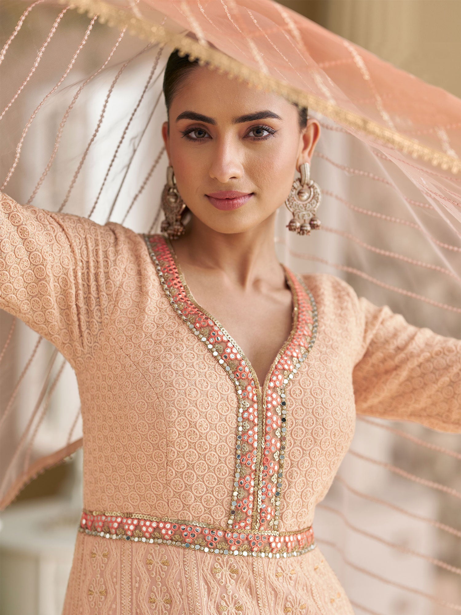 Peach Shaded Salwar Suit In Anarkali Style