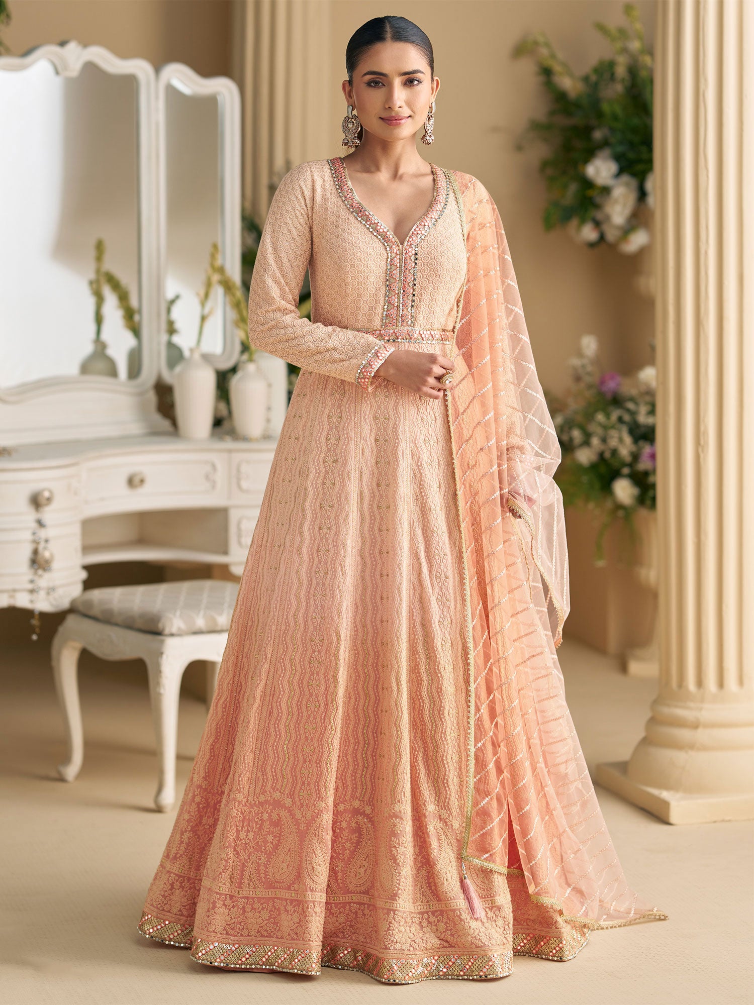 Peach Shaded Salwar Suit In Anarkali Style