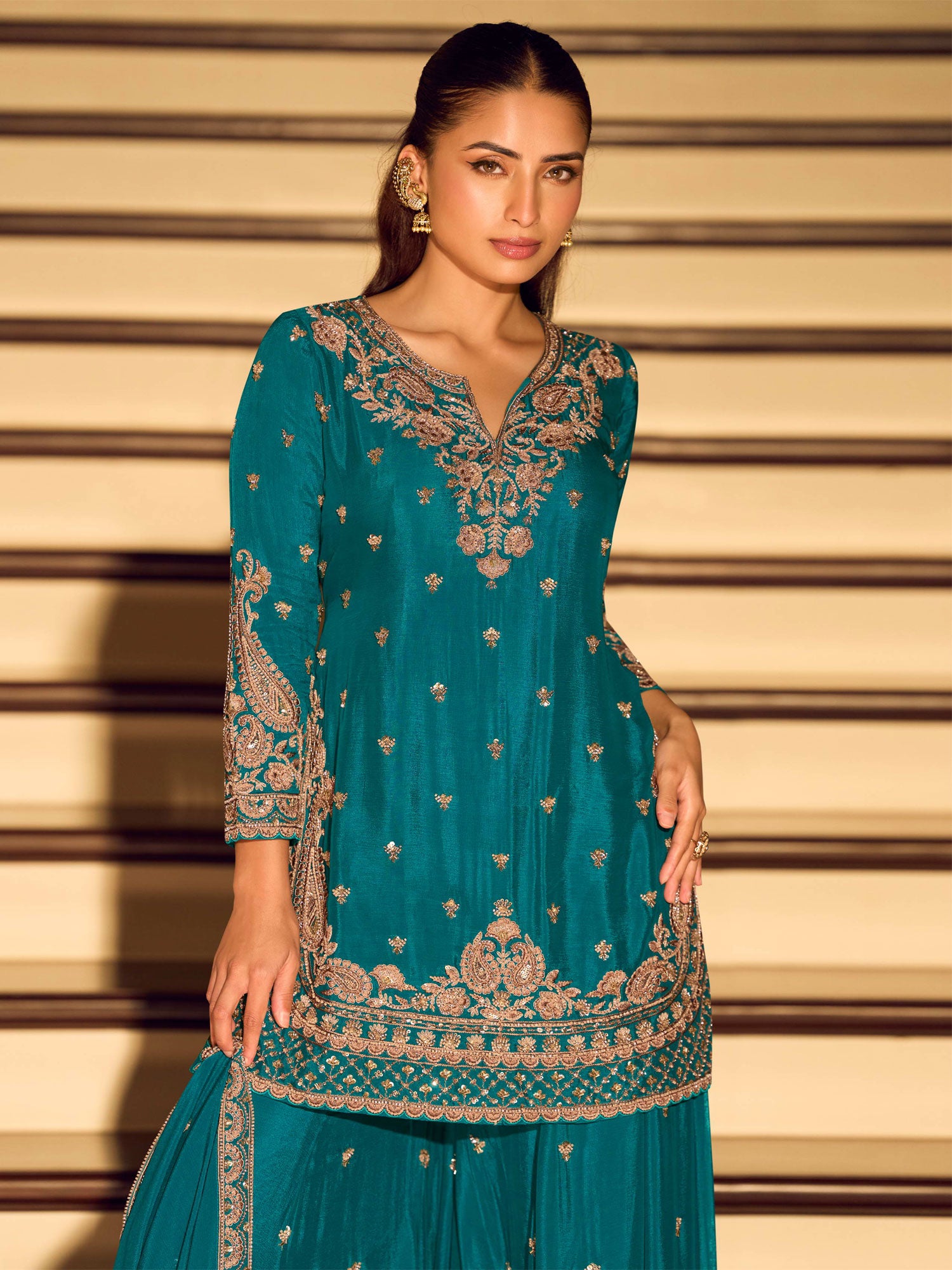 Teal Blue Heavy Floral Embroidered Sharara Suit