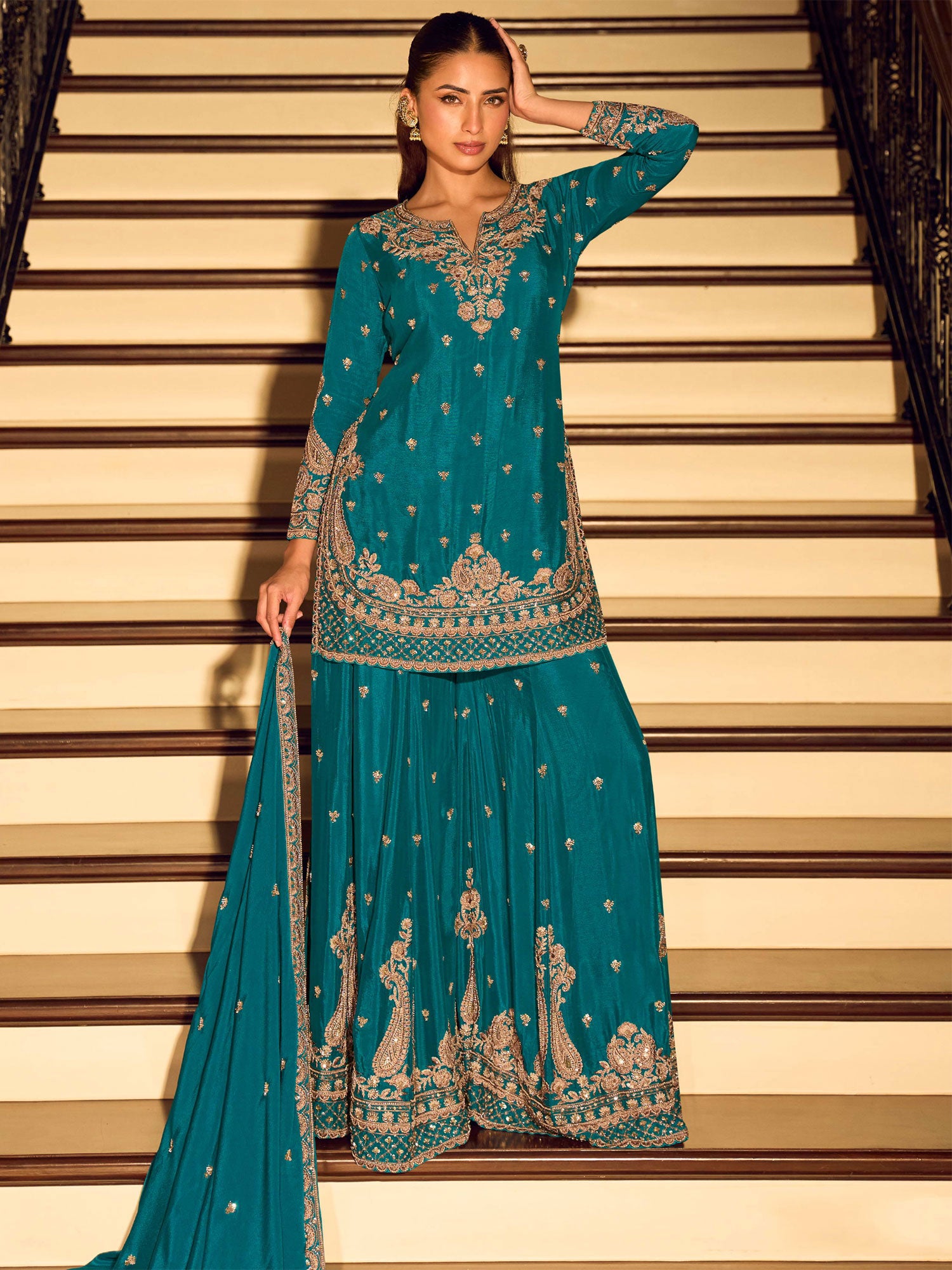 Teal Blue Heavy Floral Embroidered Sharara Suit