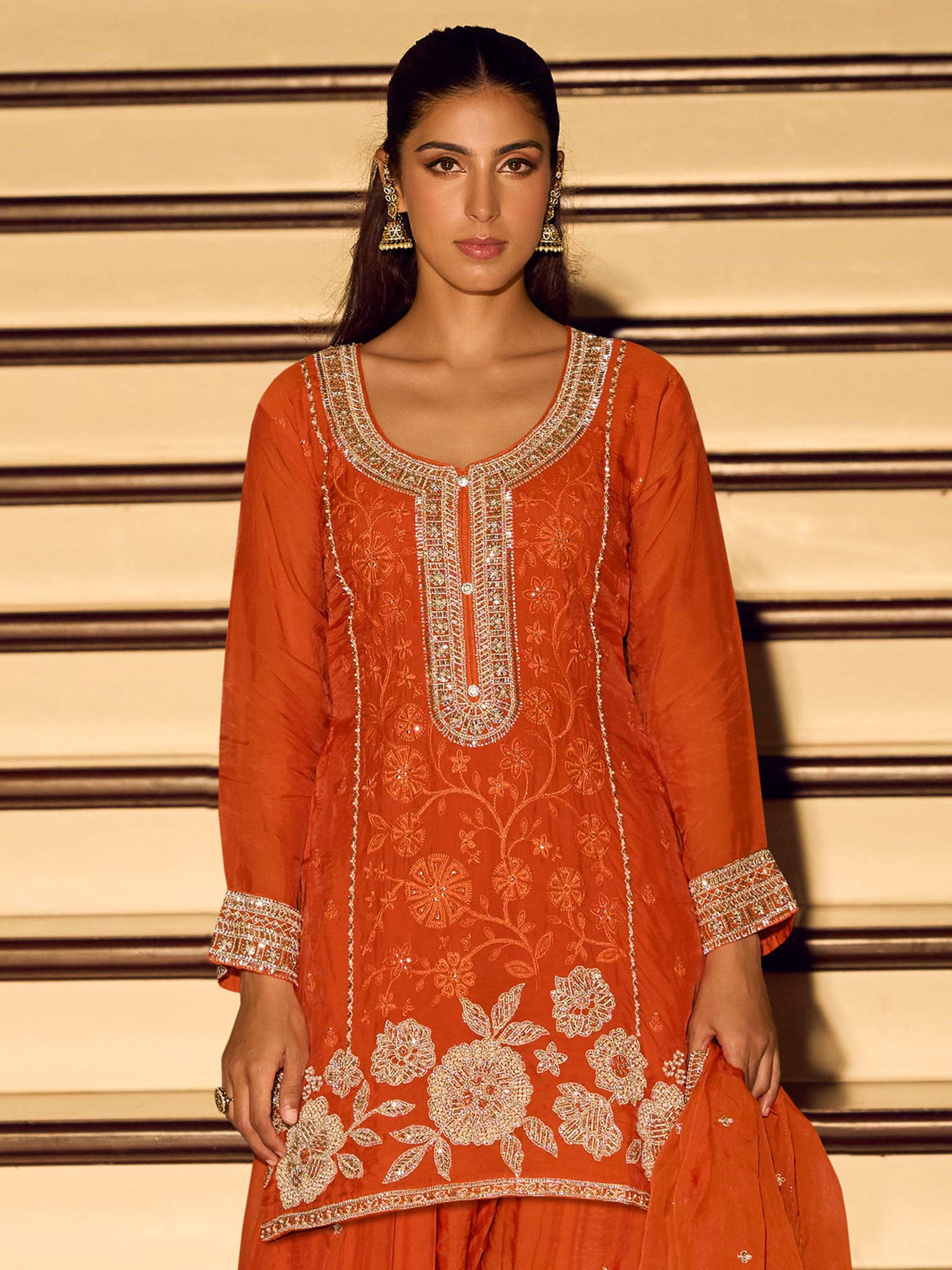 Orange Floral Embellished Salwar Kameez