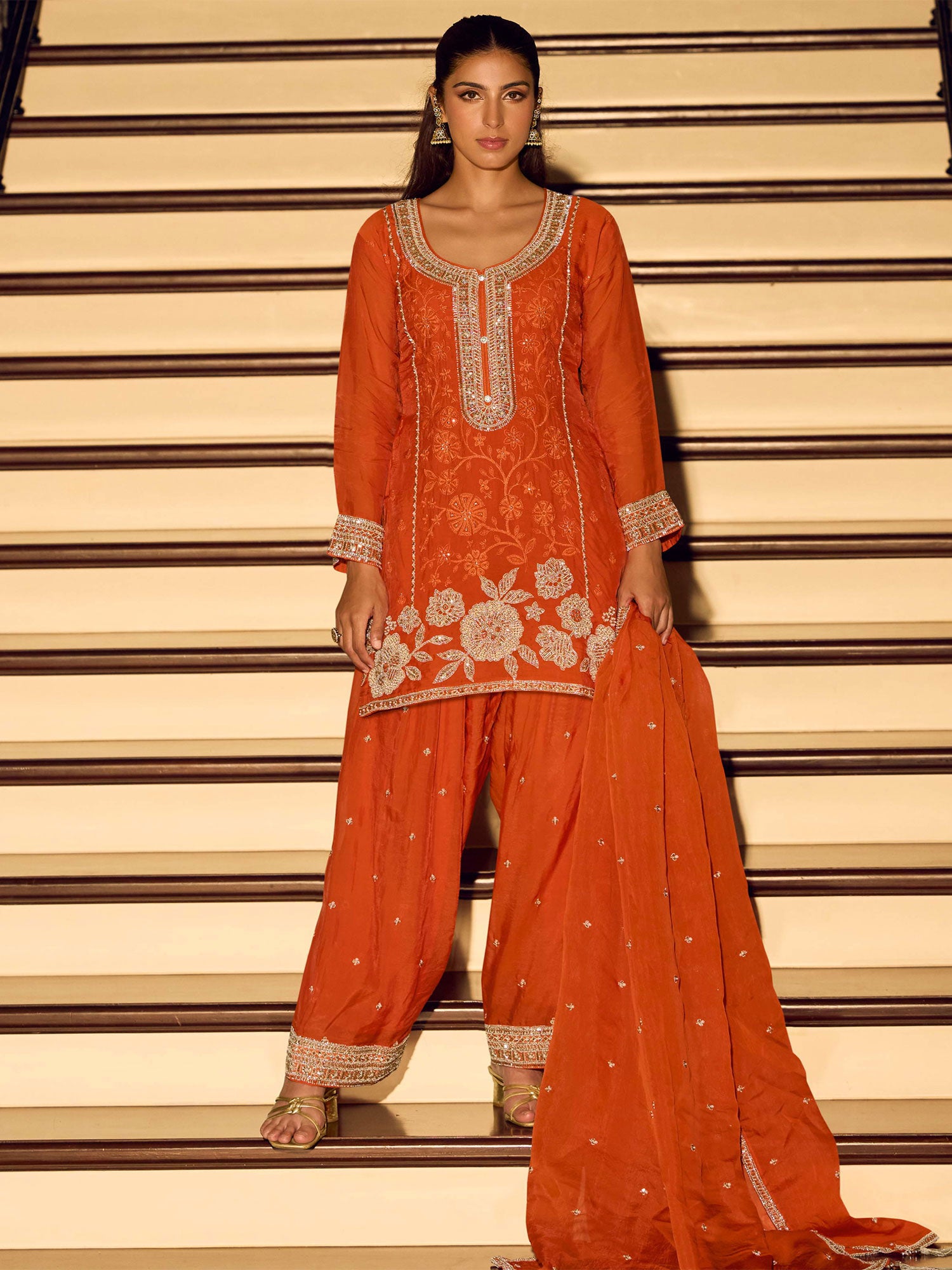 Orange Floral Embellished Salwar Kameez