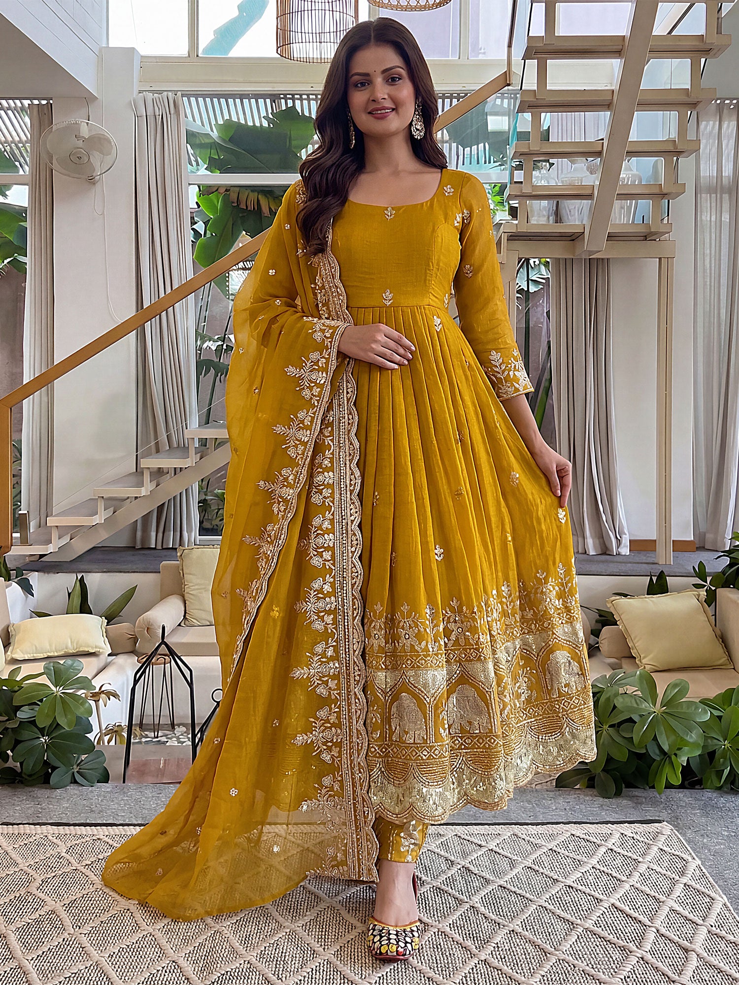 Yellow Pakistani Salwar Suit In Anarkali Style