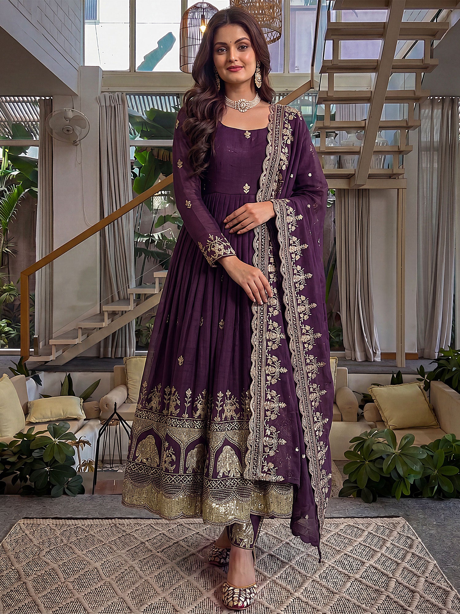 Dark Purple Heavy Embroidered Anarkali Suit