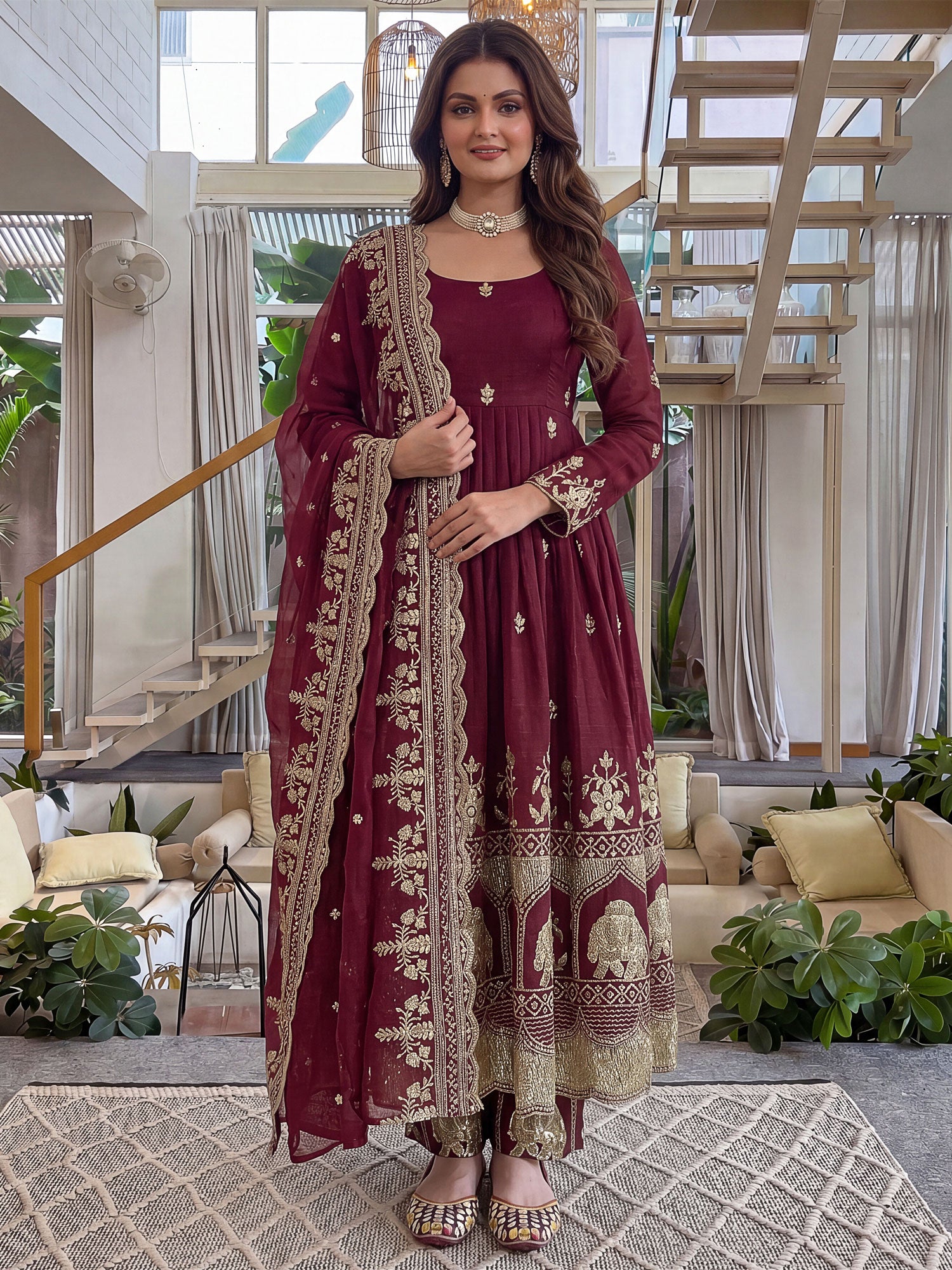 Maroon Sequins Work Readymade Salwar Kameez