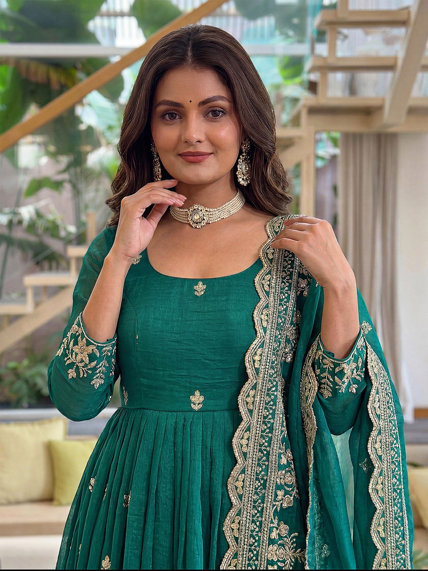 Rama Green Silk Anarkali Suit With Dupatta