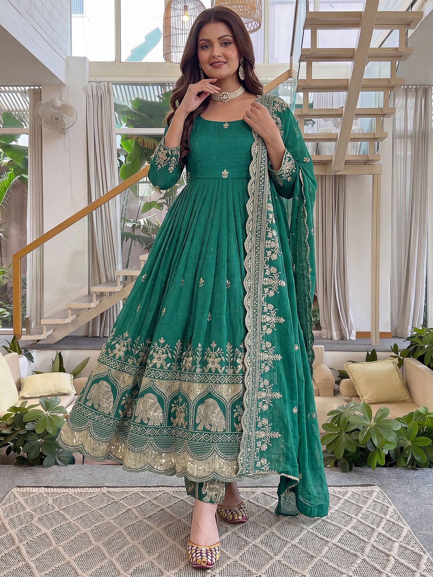 Rama Green Silk Anarkali Suit With Dupatta