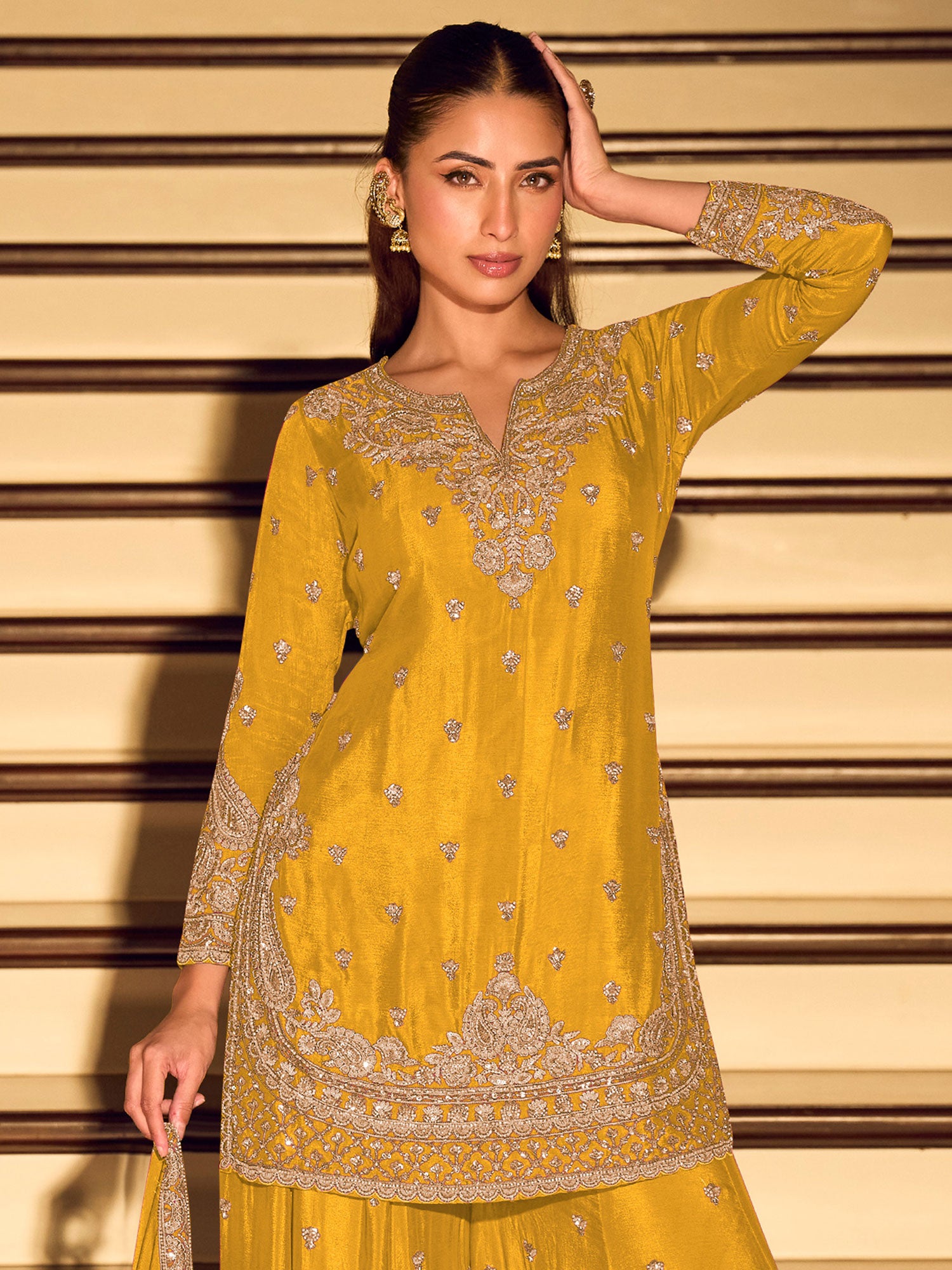 Yellow Chinon Silk Salwar Suit With Dupatta