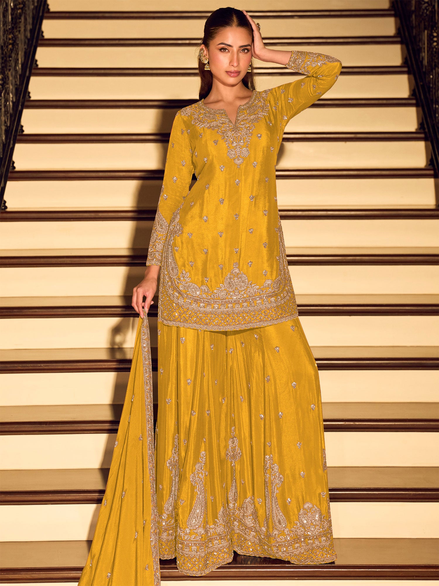 Yellow Chinon Silk Salwar Suit With Dupatta
