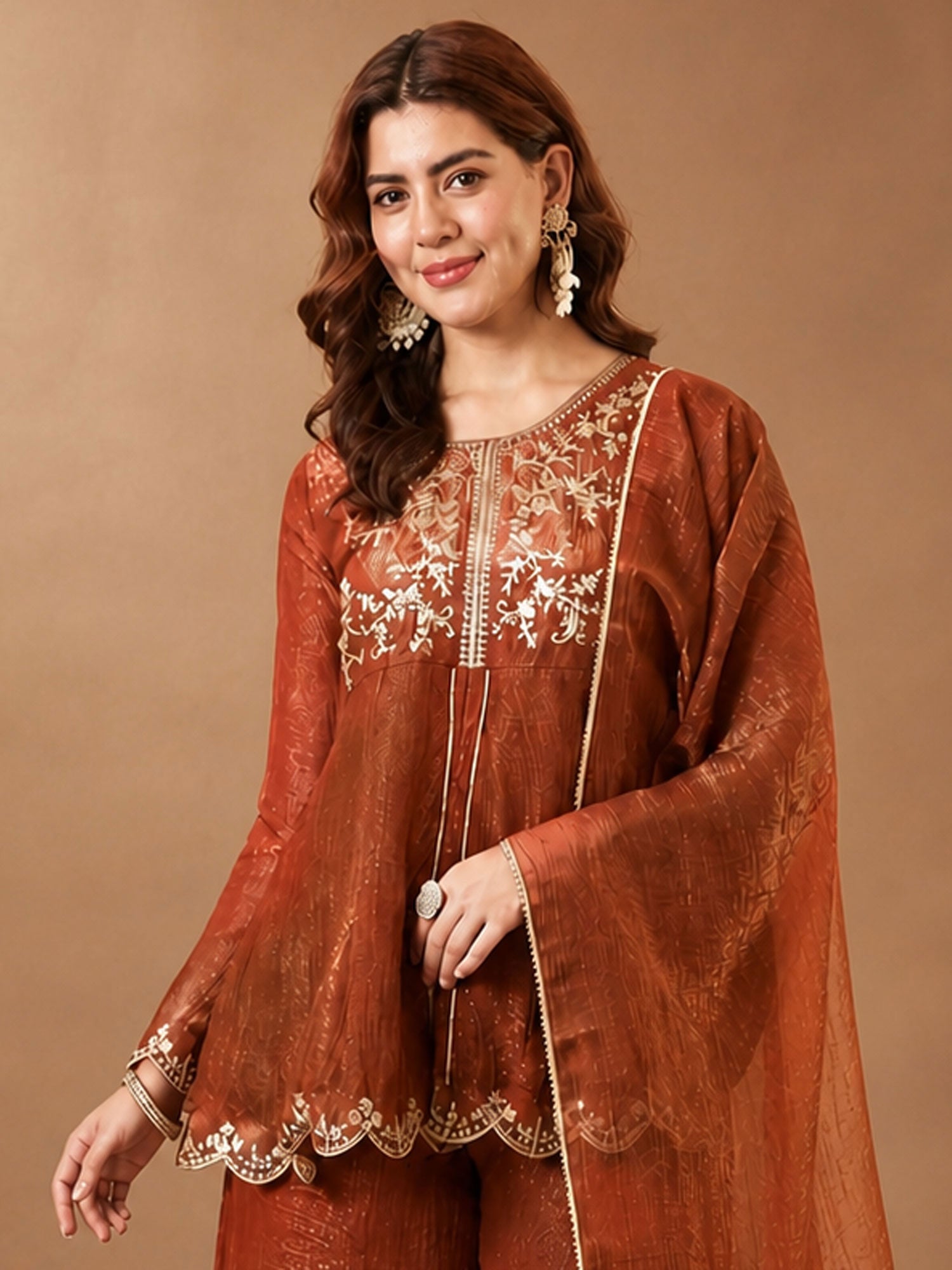 Brown Silk Palazzo Suit With Flare Kameez