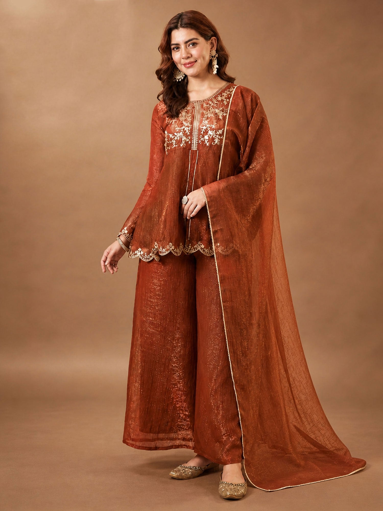 Brown Silk Palazzo Suit With Flare Kameez