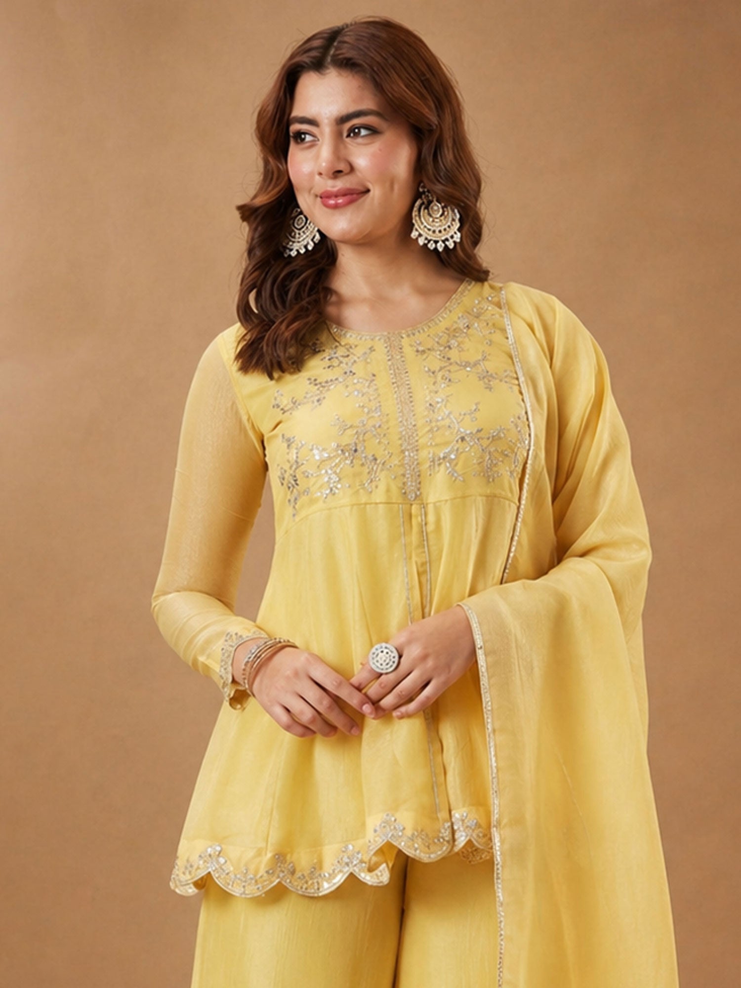 Yellow Sequins Augmented Party Palazzo Suit