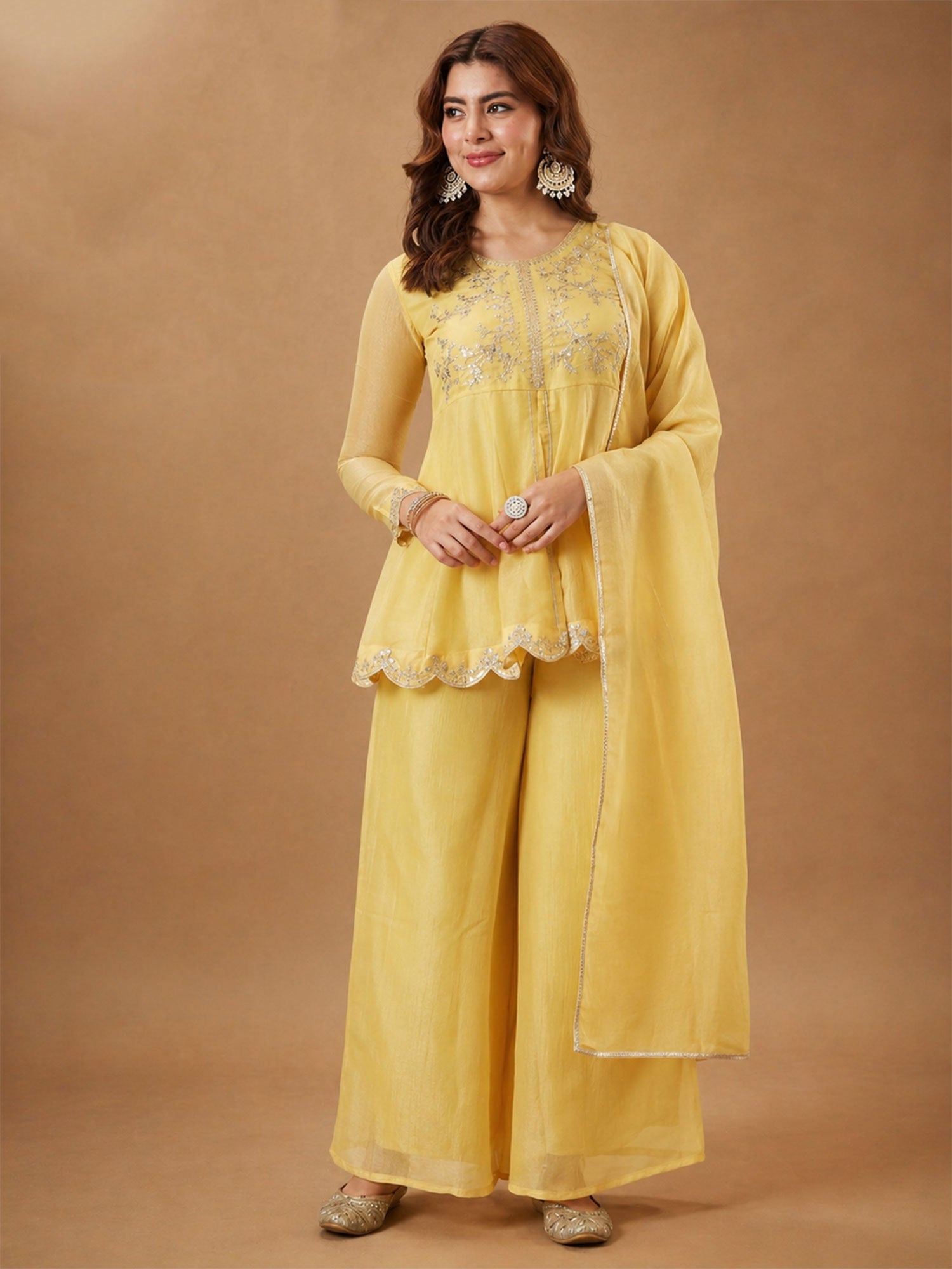 Yellow Sequins Augmented Party Palazzo Suit