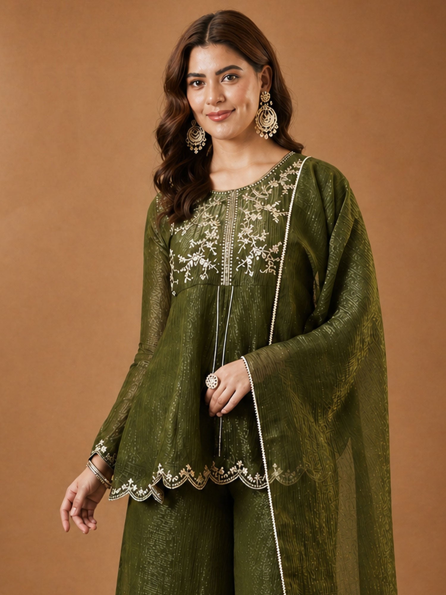 Green Salwar Suit With Flare Kameez In Silk