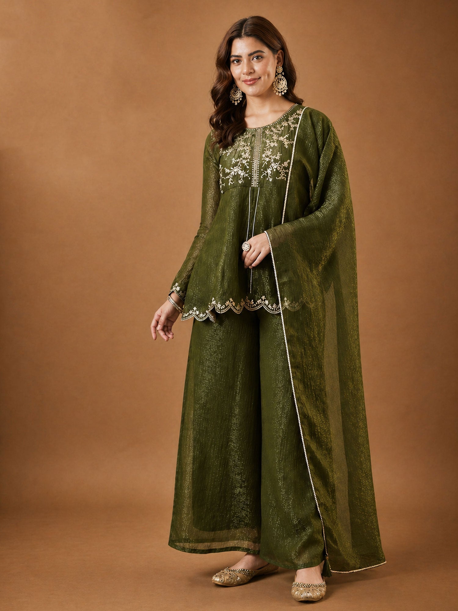 Green Salwar Suit With Flare Kameez In Silk