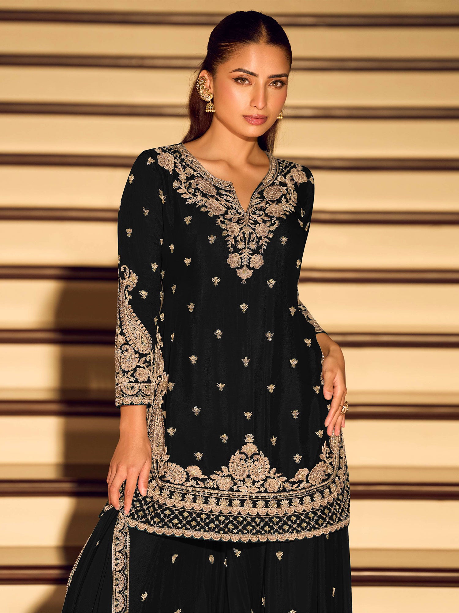 Black Zari Embroidered Palazzo Suit With Dupatta
