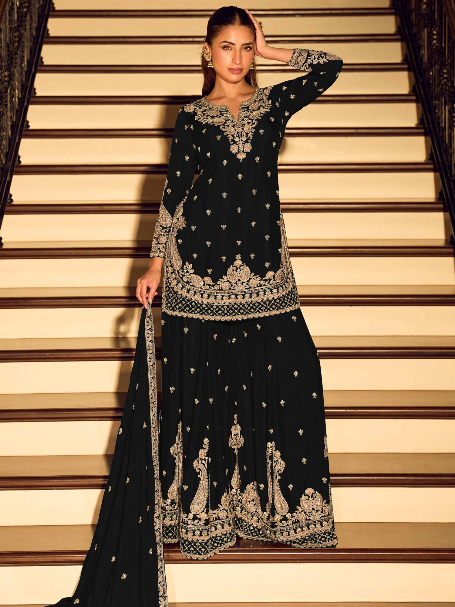 Black Zari Embroidered Palazzo Suit With Dupatta