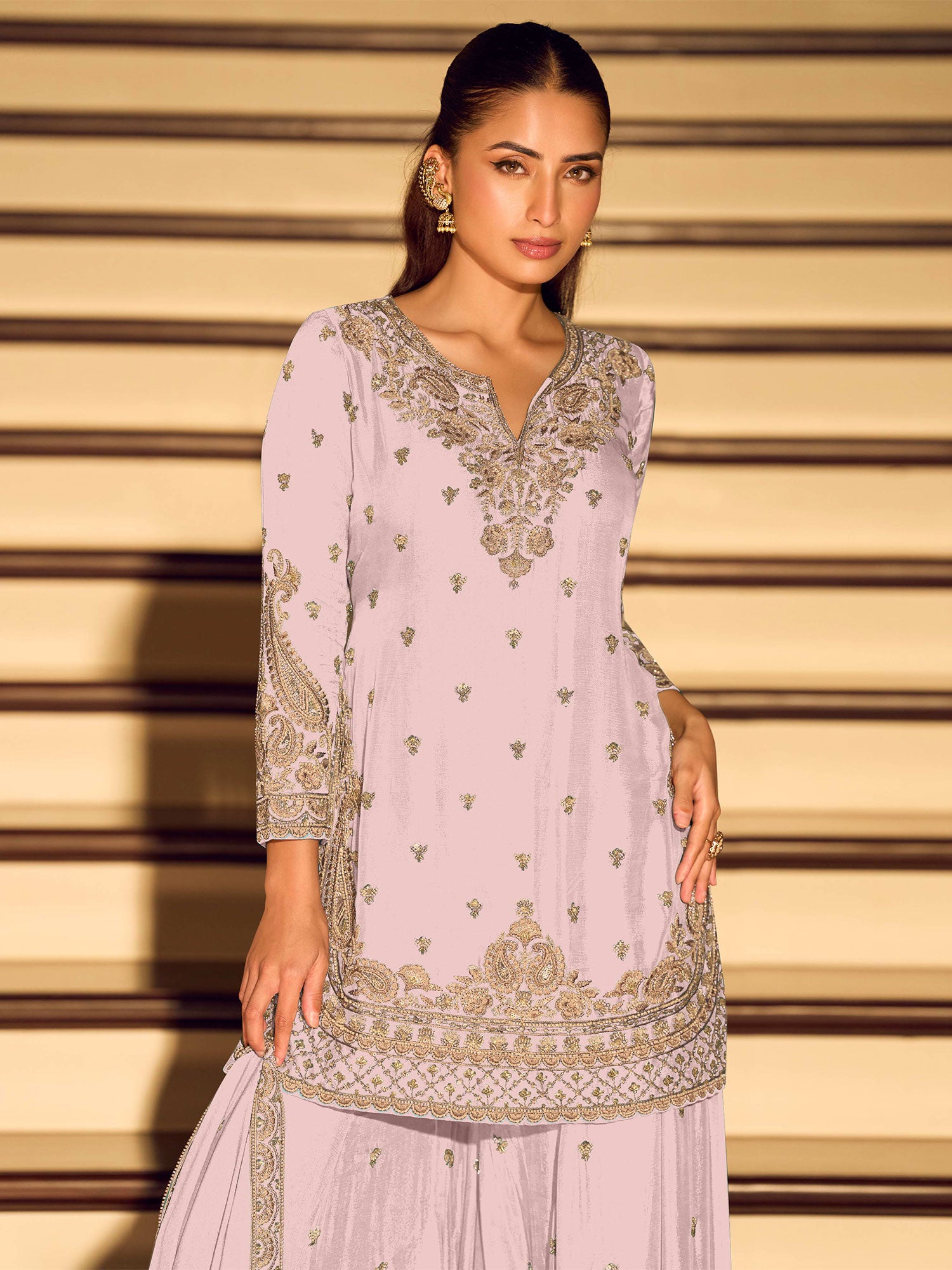 Light Pink Silk Salwar Suit With Straight Kameez