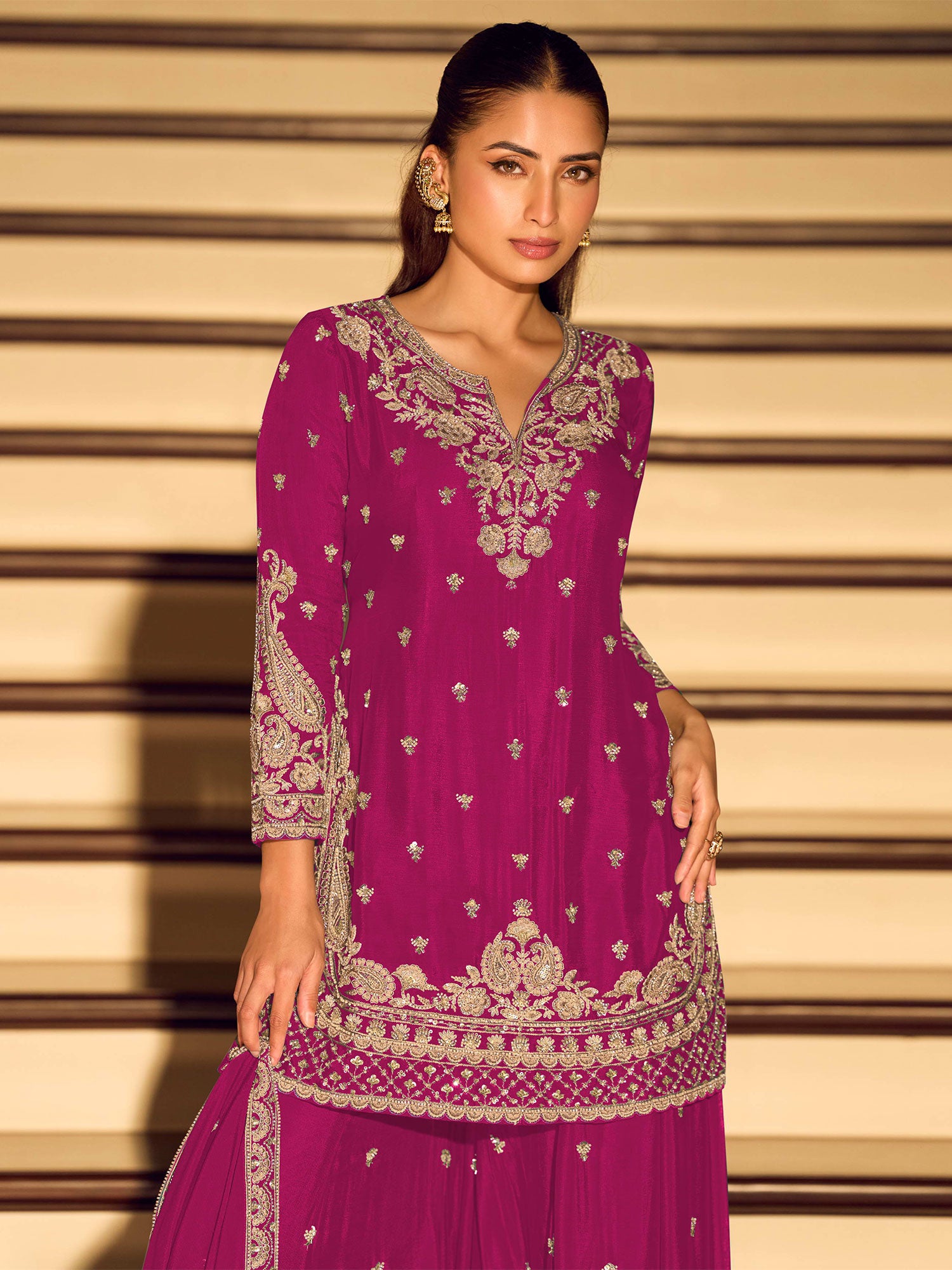 Magenta Floral Zari Work Embellished Salwar Suit
