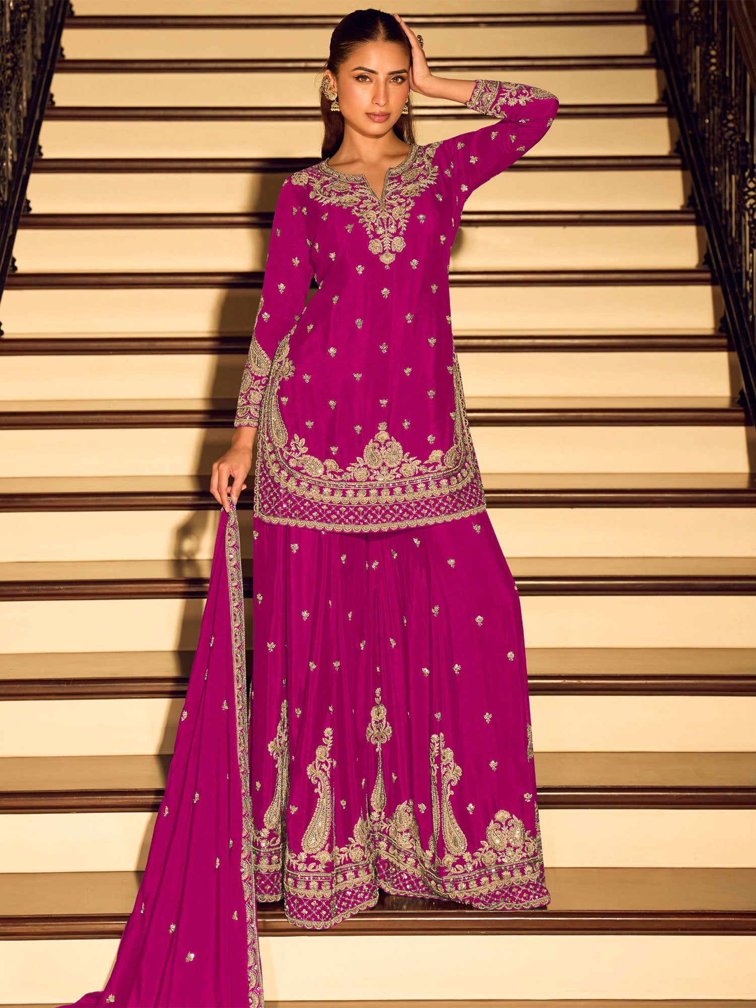 Magenta Floral Zari Work Embellished Salwar Suit