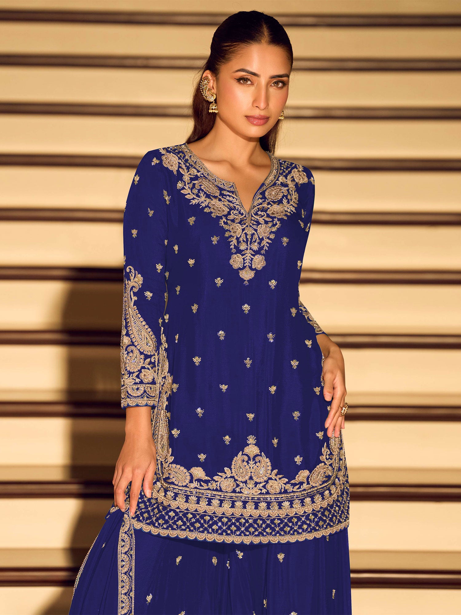 Blue Floral Embroidered Salwar Suit In Silk