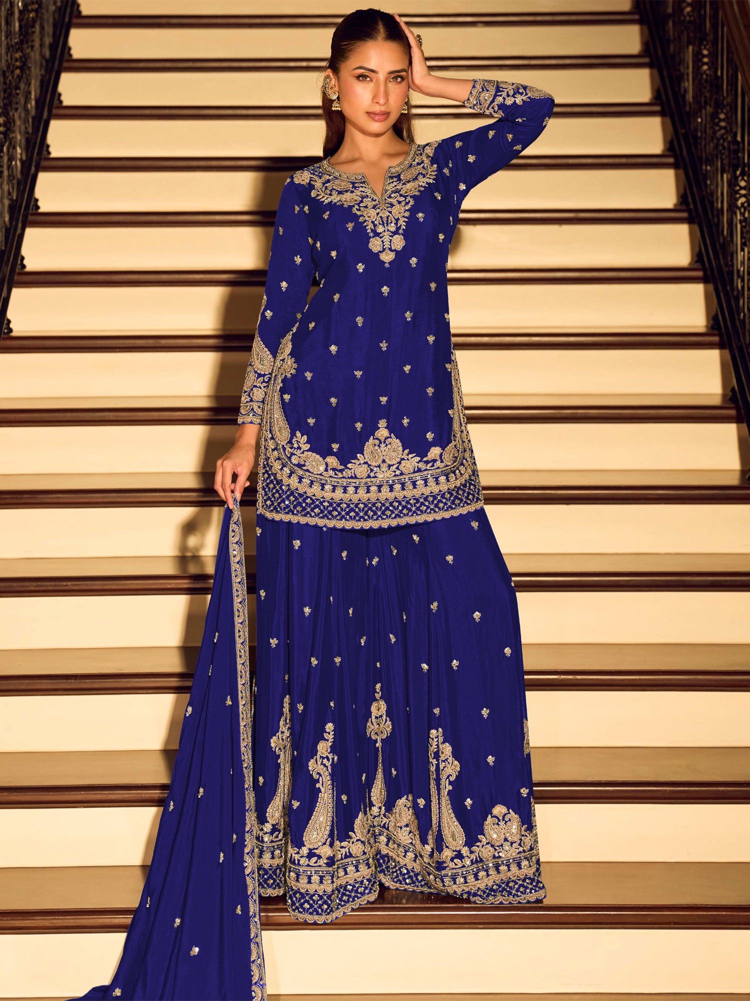 Blue Floral Embroidered Salwar Suit In Silk