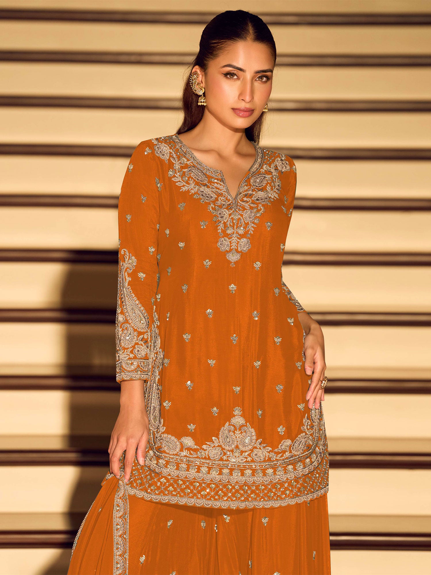 Orange Party Wear Embroidered Palazzo Suit
