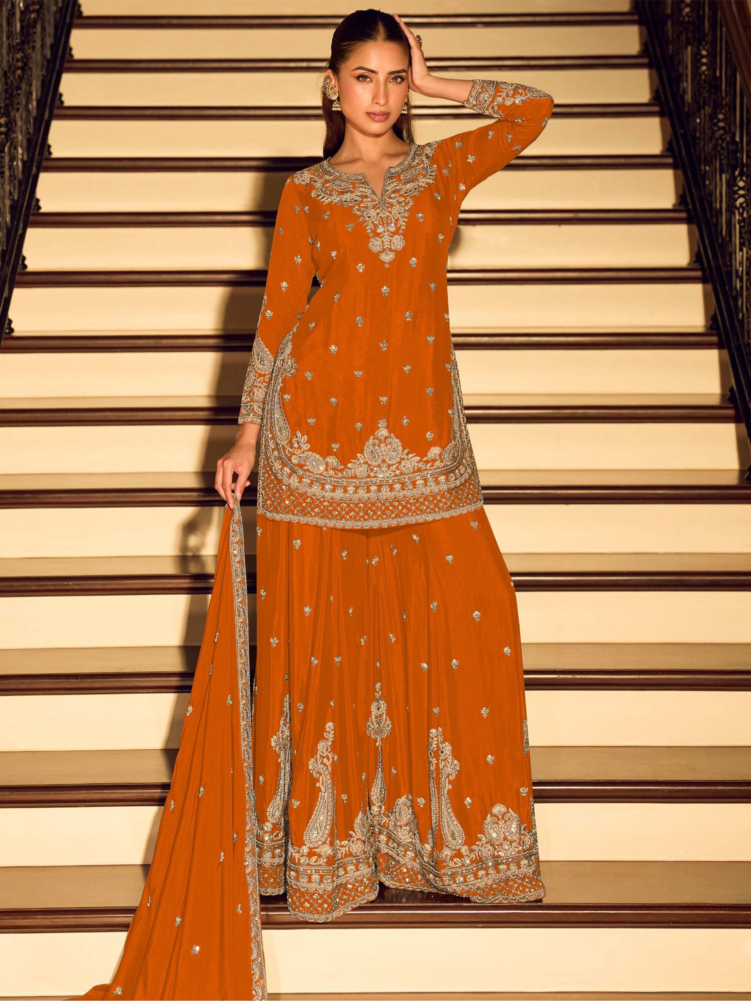Orange Party Wear Embroidered Palazzo Suit