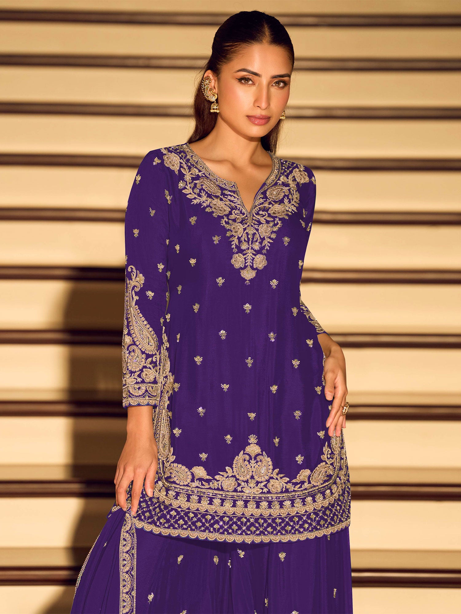 Purple Chinon Silk Salwar Suit In Palazzo Style