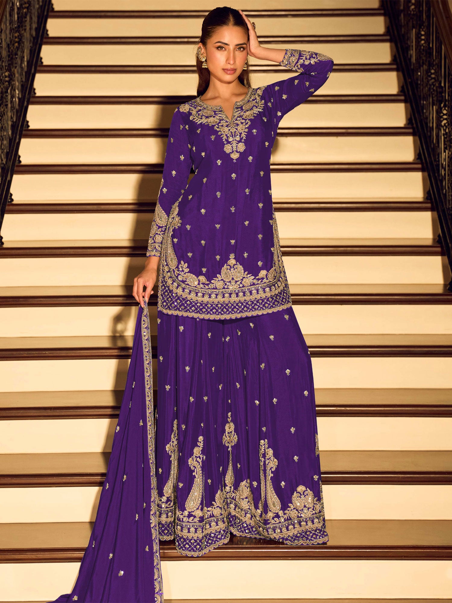 Purple Chinon Silk Salwar Suit In Palazzo Style