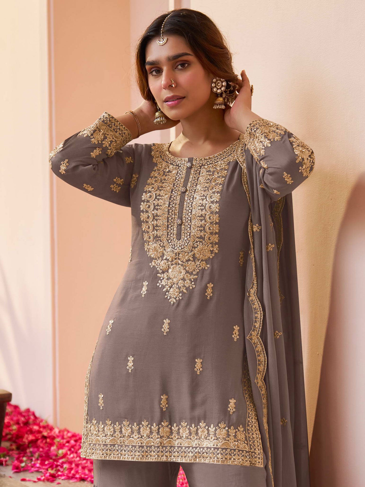 Dark Grey Heavy Sequins Embroidered Salwar Suit