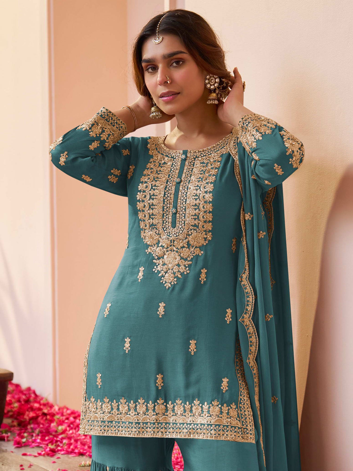 Rama Green Zari Embellished Salwar Kameez