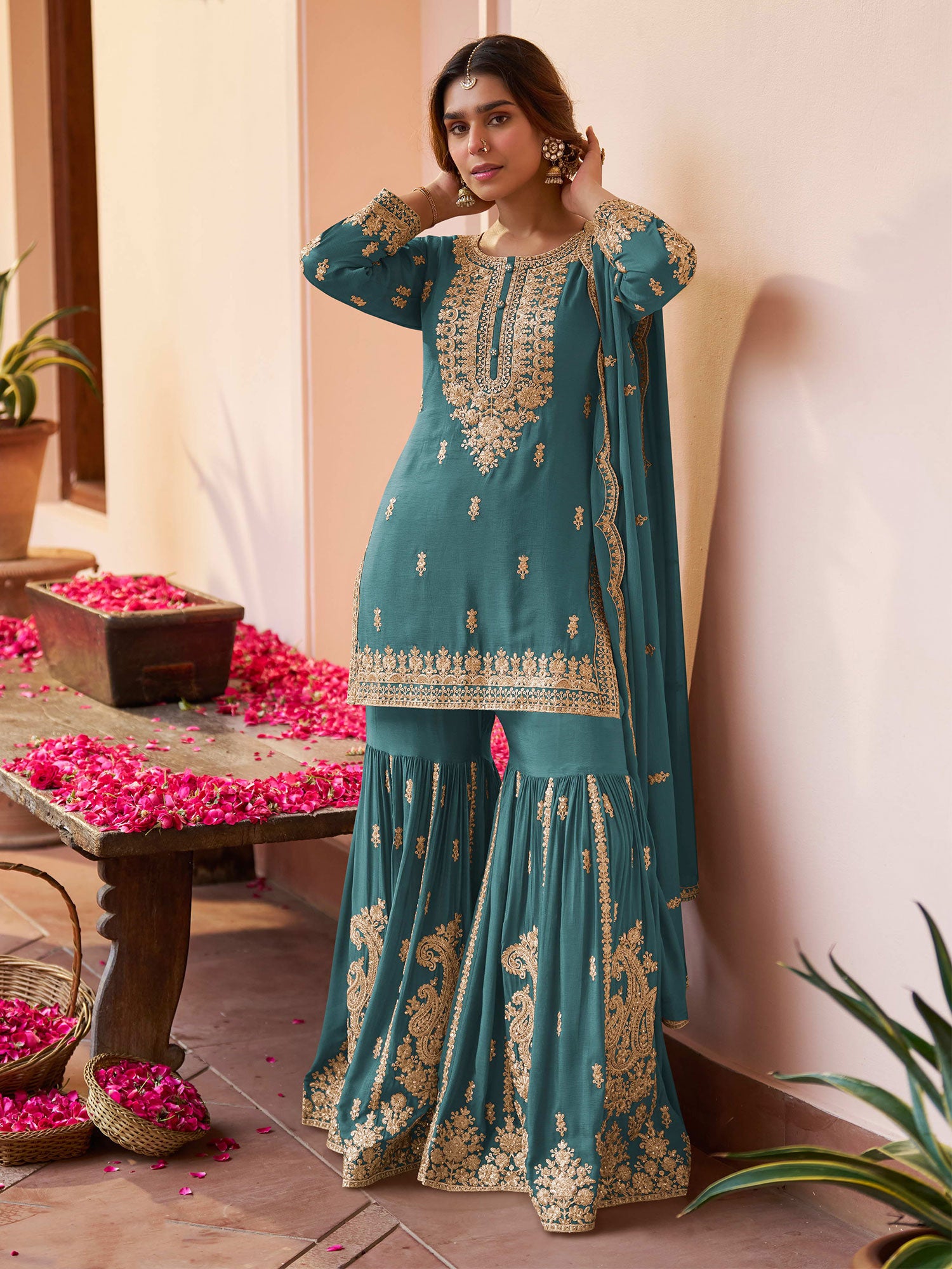 Rama Green Zari Embellished Salwar Kameez