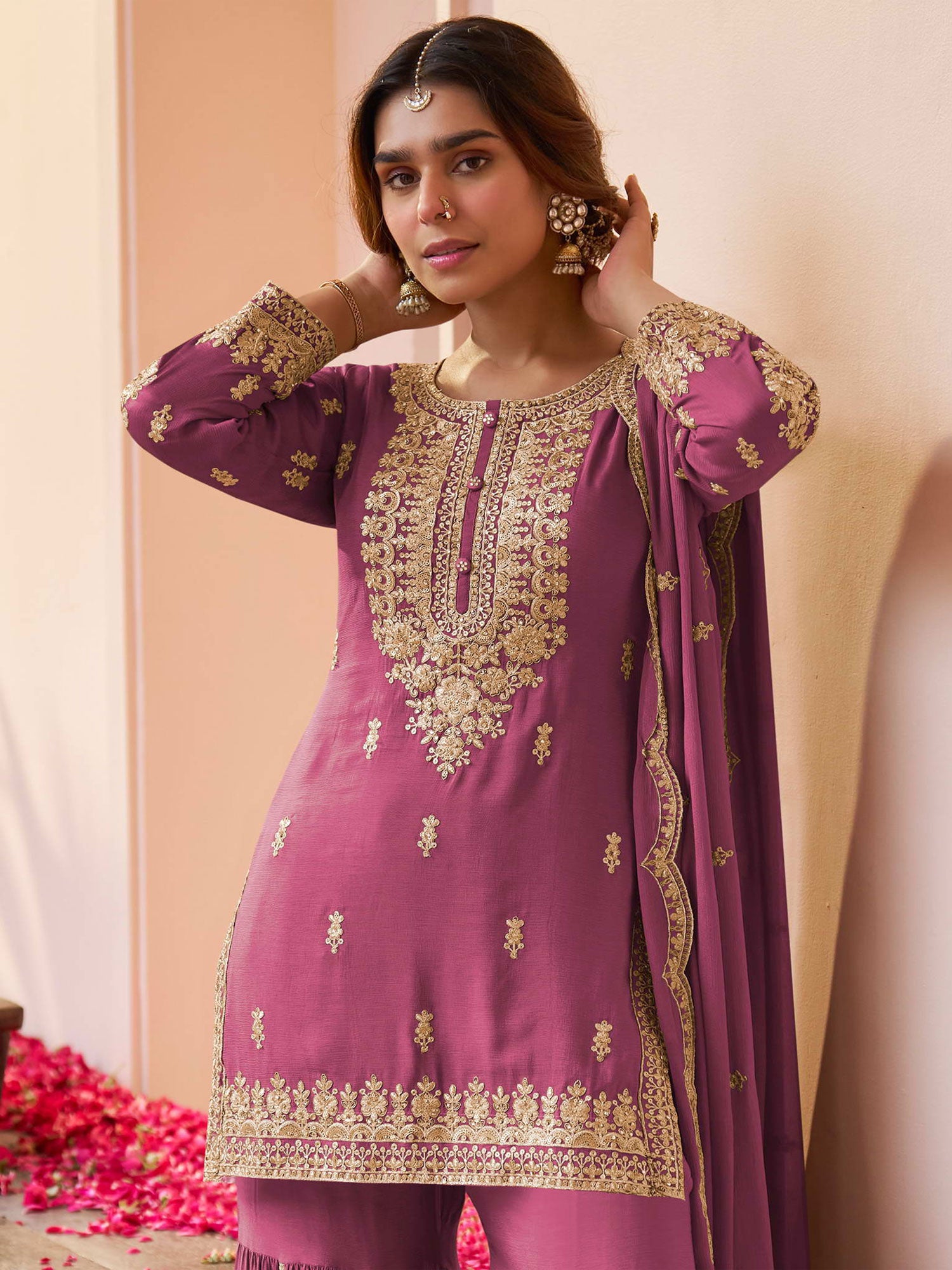Purple Chinon Silk Salwar Suit In Sharara Style