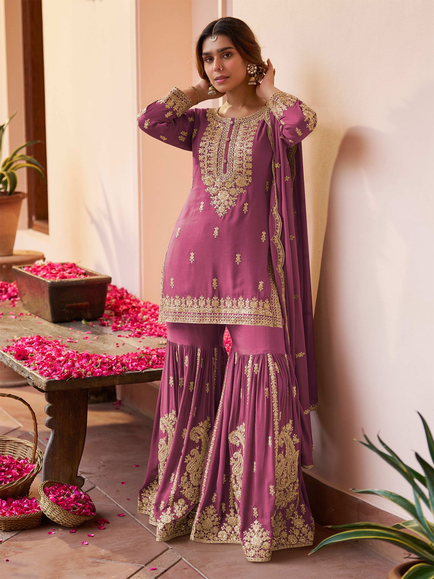 Purple Chinon Silk Salwar Suit In Sharara Style