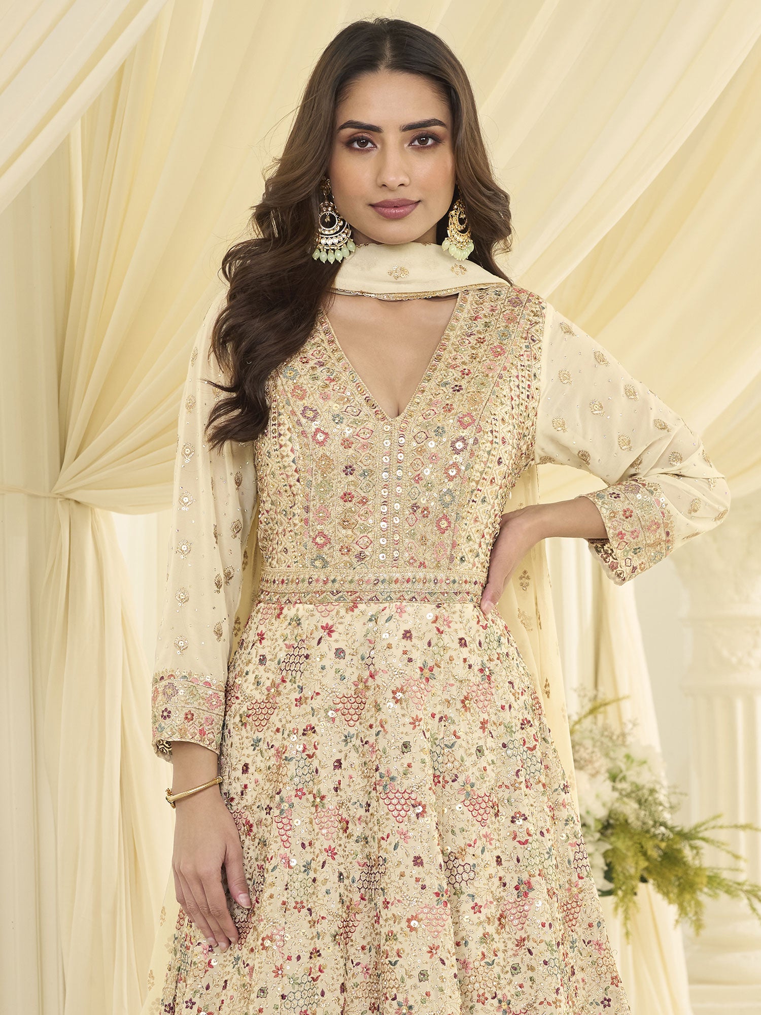 Ivory Cream Thread Work Embellished Anarkali Suit