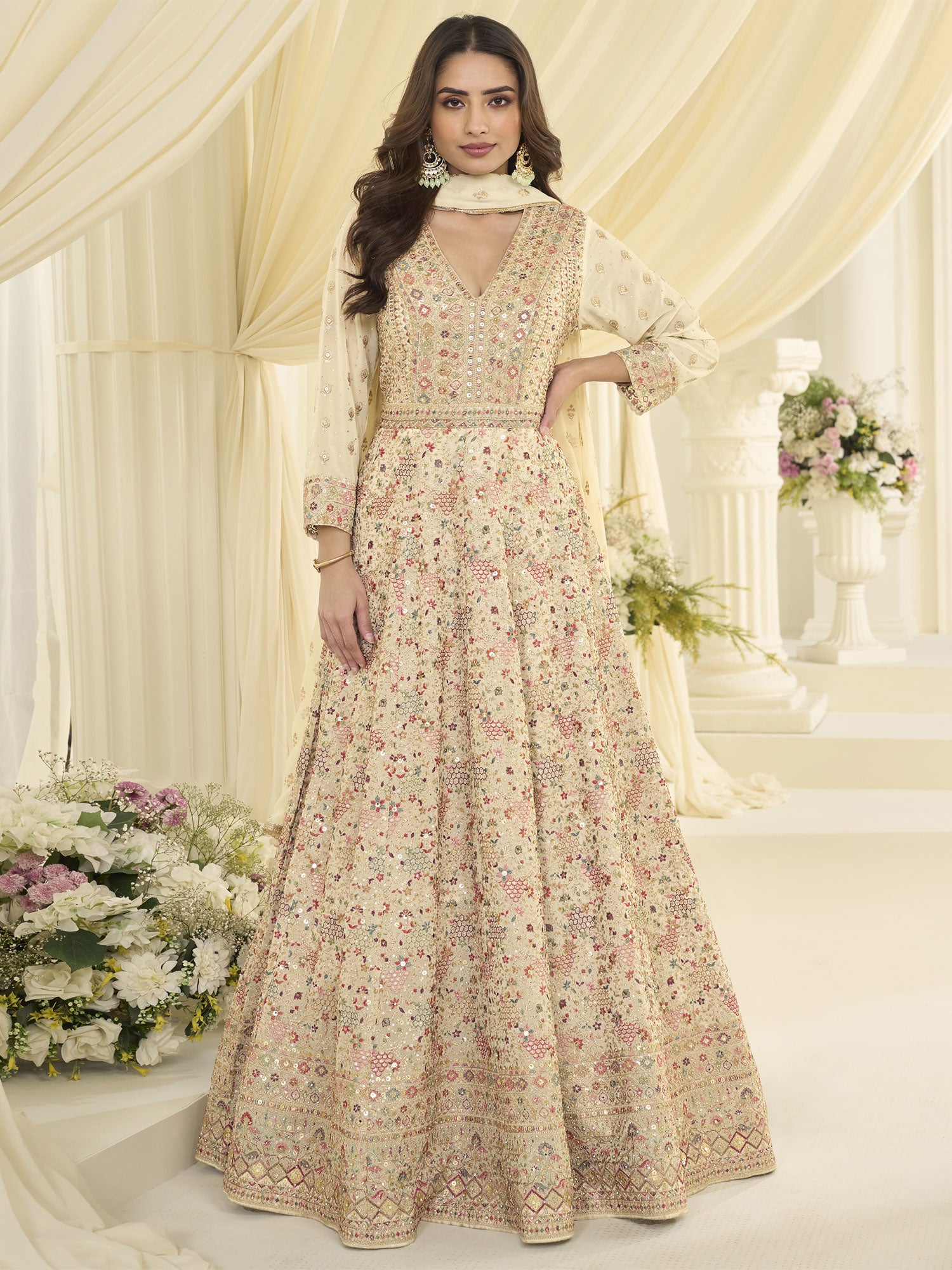 Ivory Cream Thread Work Embellished Anarkali Suit
