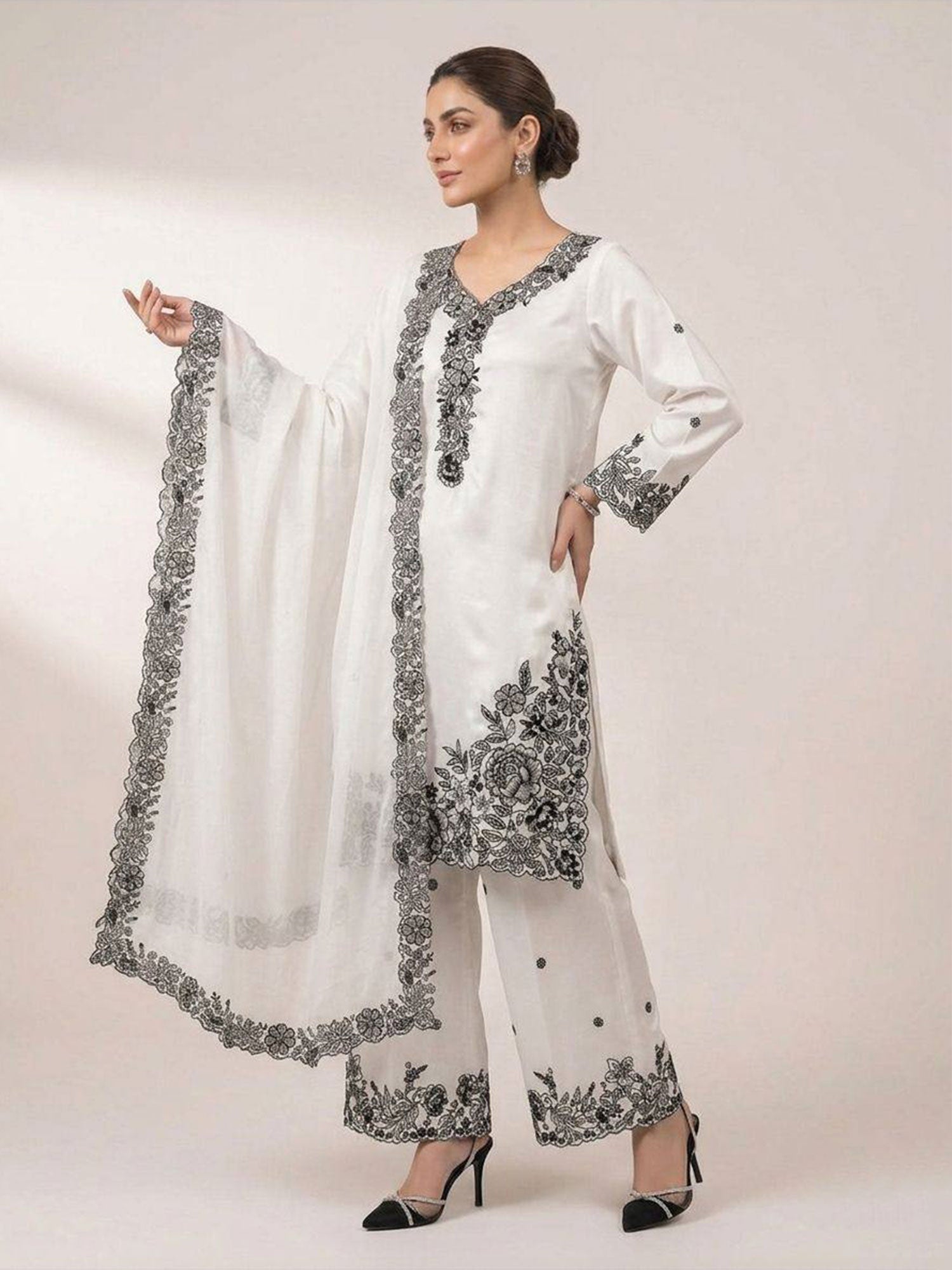 White Readymade Crepe Palazzo Style Salwar Suit